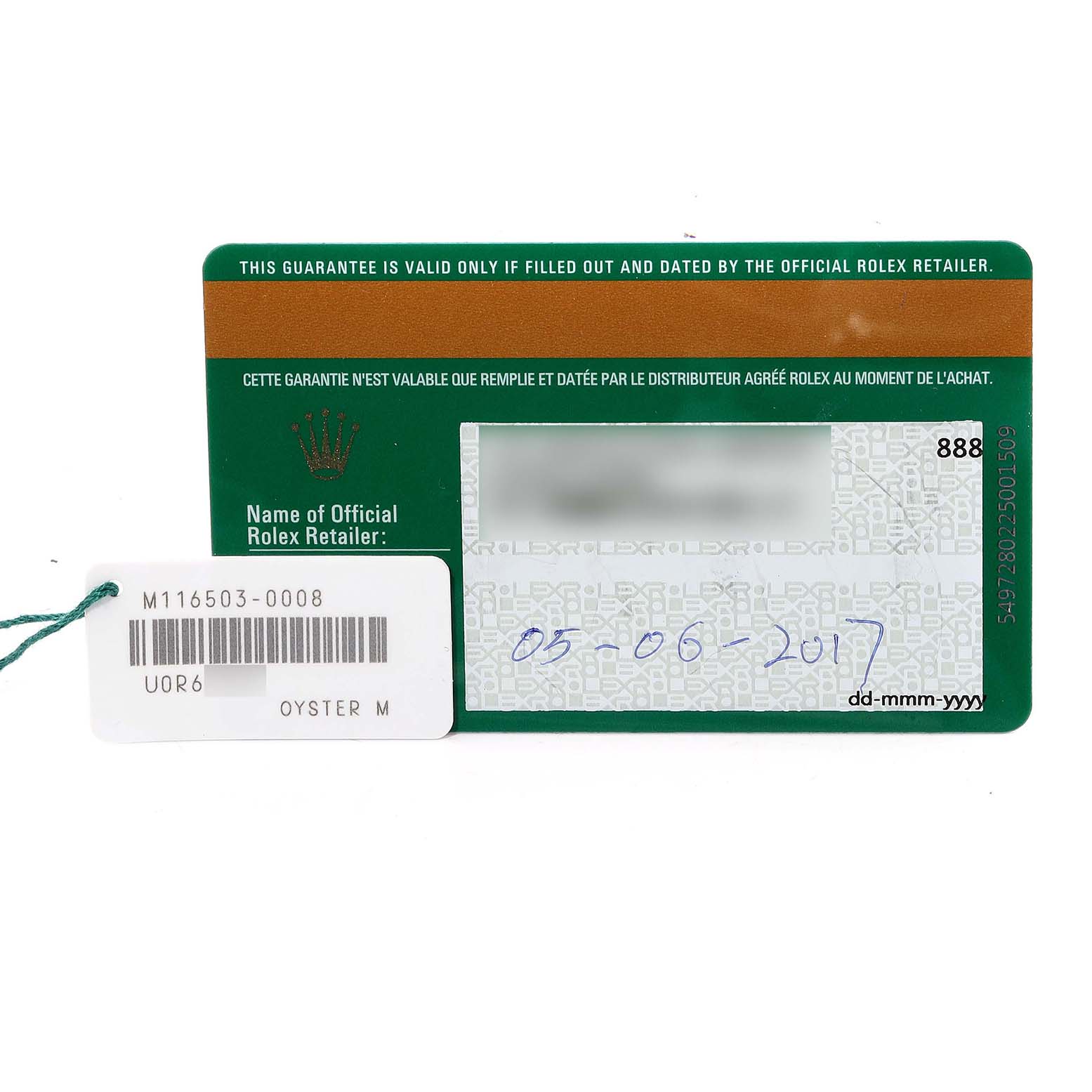 The image shows the warranty card and tag for a Rolex Daytona 116503 Men
s Steel and Gold (two tone) Black Dial 116503 Men
s Steel and Gold (two tone) Black Dial watch, model M116503-0008, dated 05-06-2017.