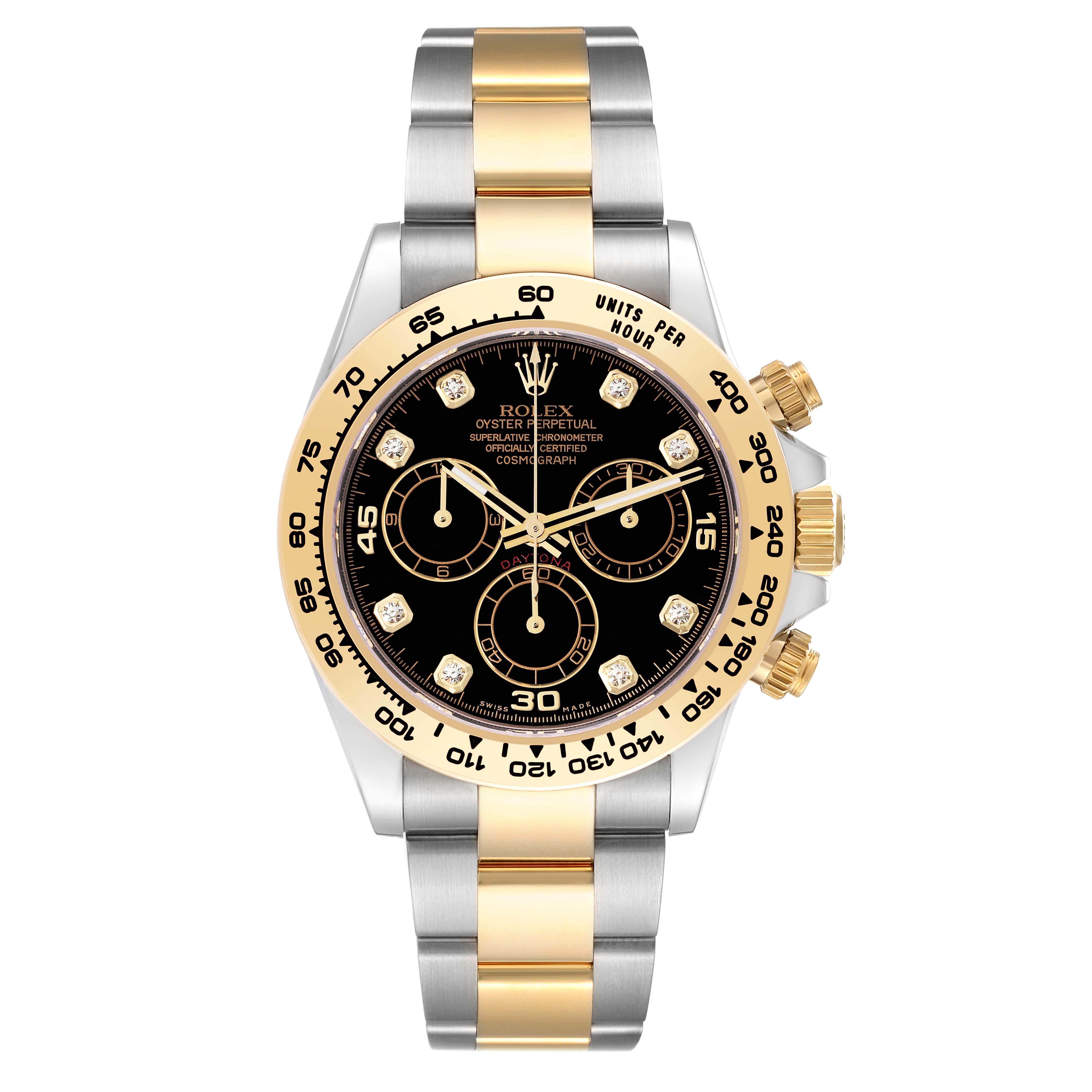 The image shows a front view of the Rolex Daytona 116503 Men
s Steel and Gold (two tone) Black Dial 116503 Men
s Steel and Gold (two tone) Black Dial watch, highlighting the dial, bezel, crown, and bracelet.