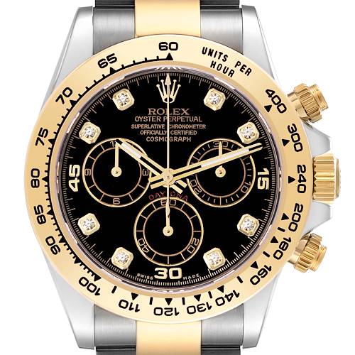 This image shows a frontal view of a Rolex Daytona watch, highlighting its dial, bezel, and chronograph subdials.