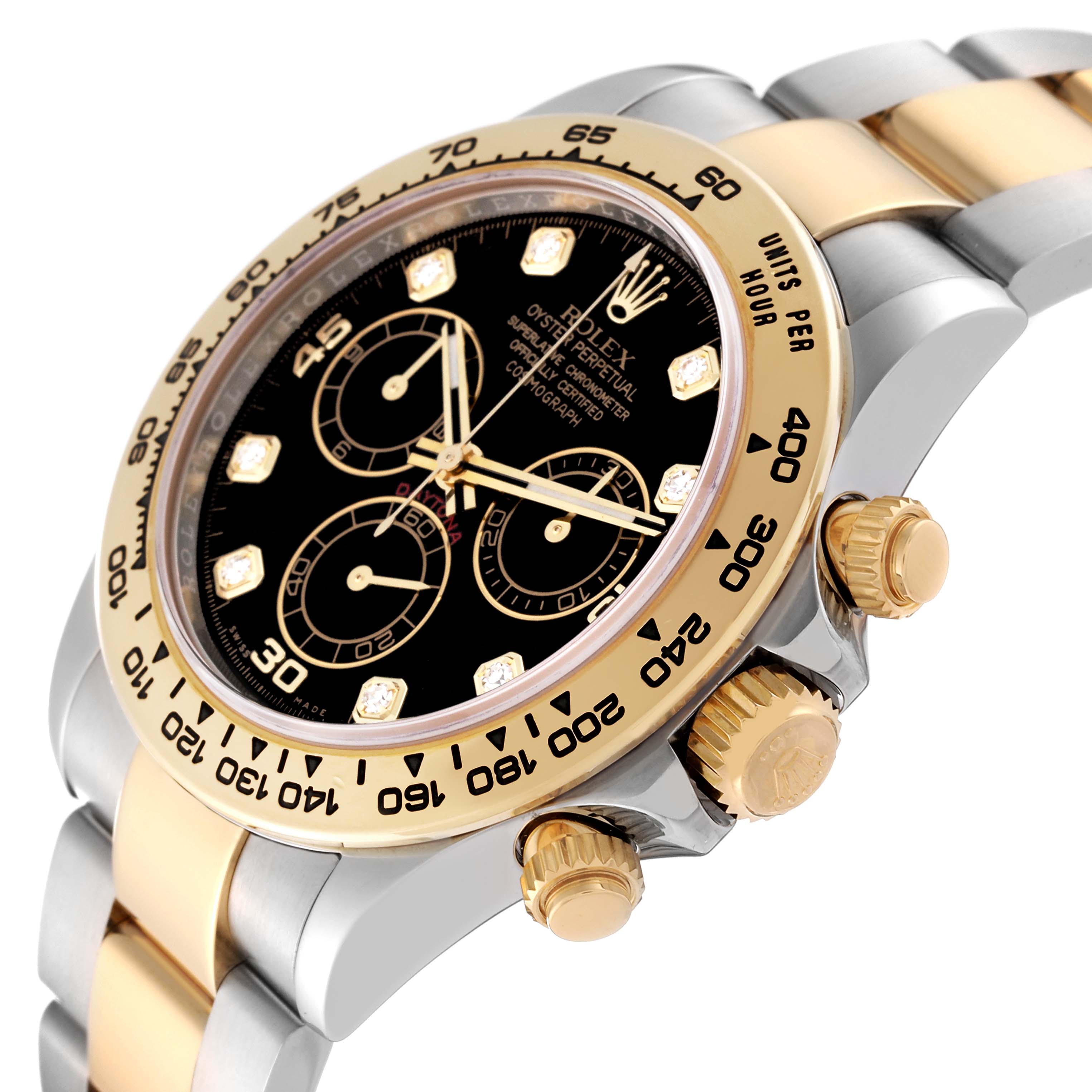 The Rolex Daytona 116503 Men
s Steel and Gold (two tone) Black Dial 116503 Men
s Steel and Gold (two tone) Black Dial watch is shown at an angle highlighting the face, bezel, and crown, as well as part of the bracelet.
