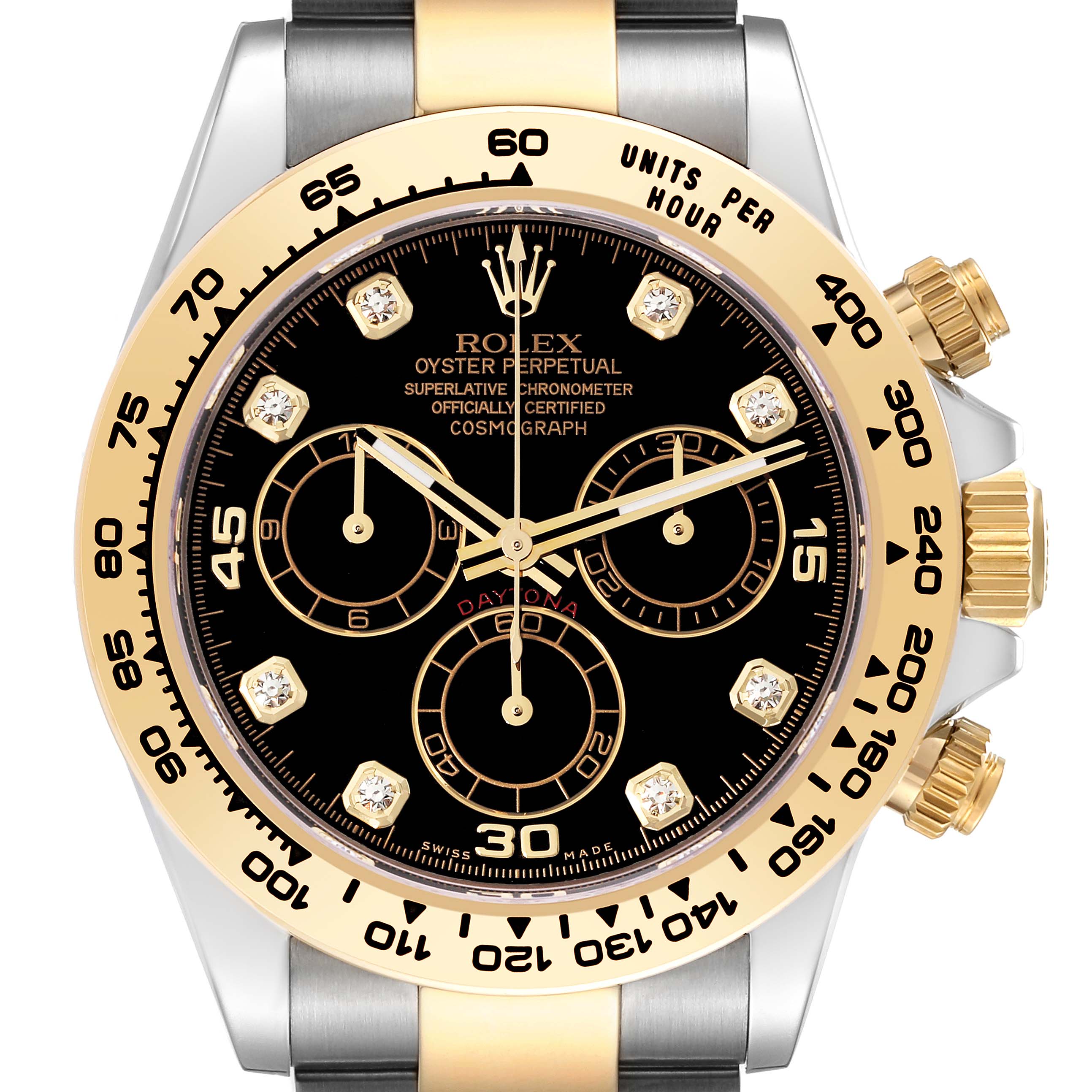 The Rolex Daytona 116503 Men
s Steel and Gold (two tone) Black Dial 116503 Men
s Steel and Gold (two tone) Black Dial watch is shown from a frontal angle, featuring a black dial, gold bezel, and chronograph subdials.