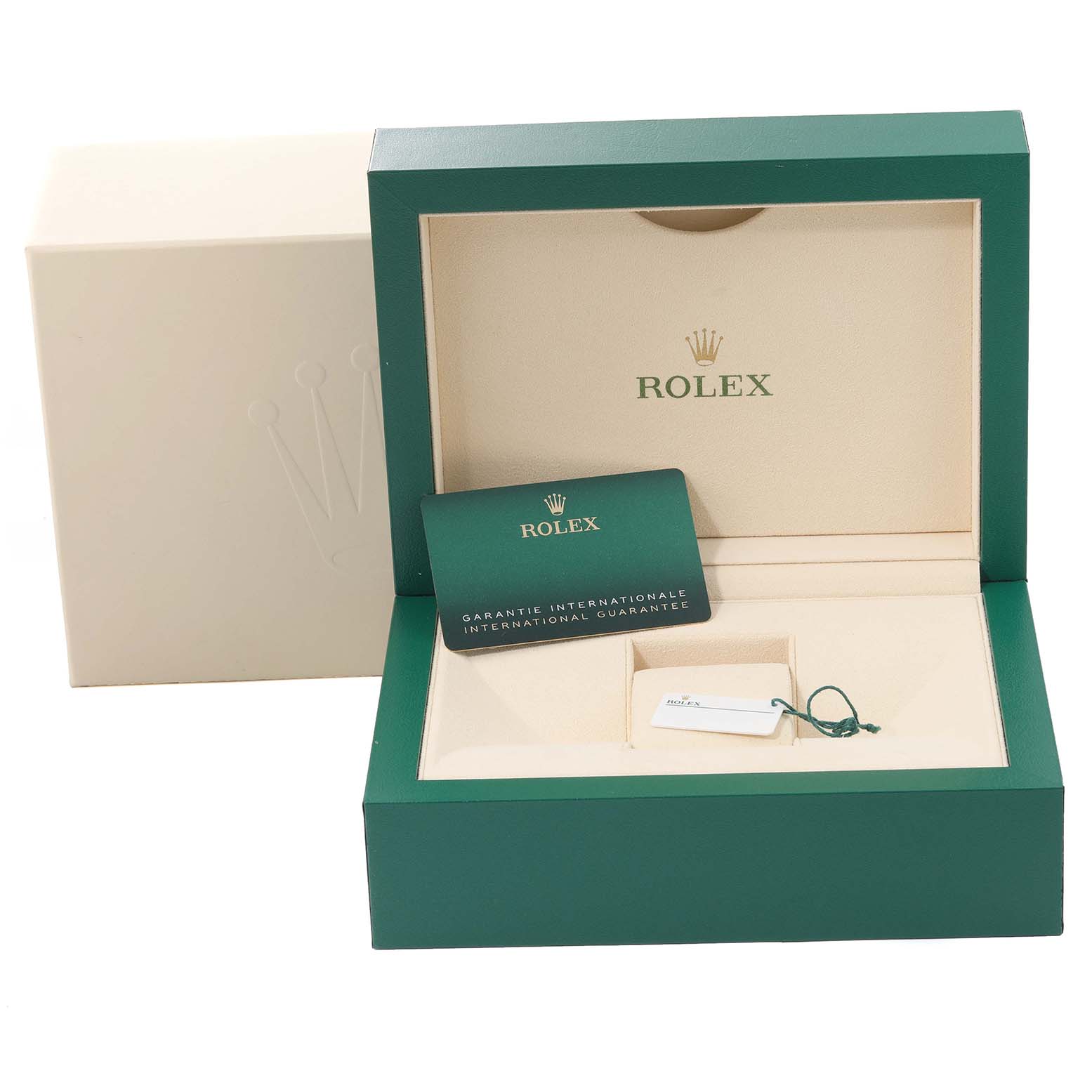 The image shows a Rolex Daytona 116503 Men
s Steel and Gold (two tone) Black Dial 116503 Men
s Steel and Gold (two tone) Black Dial watch box, international guarantee card, and accessories from a front angle.