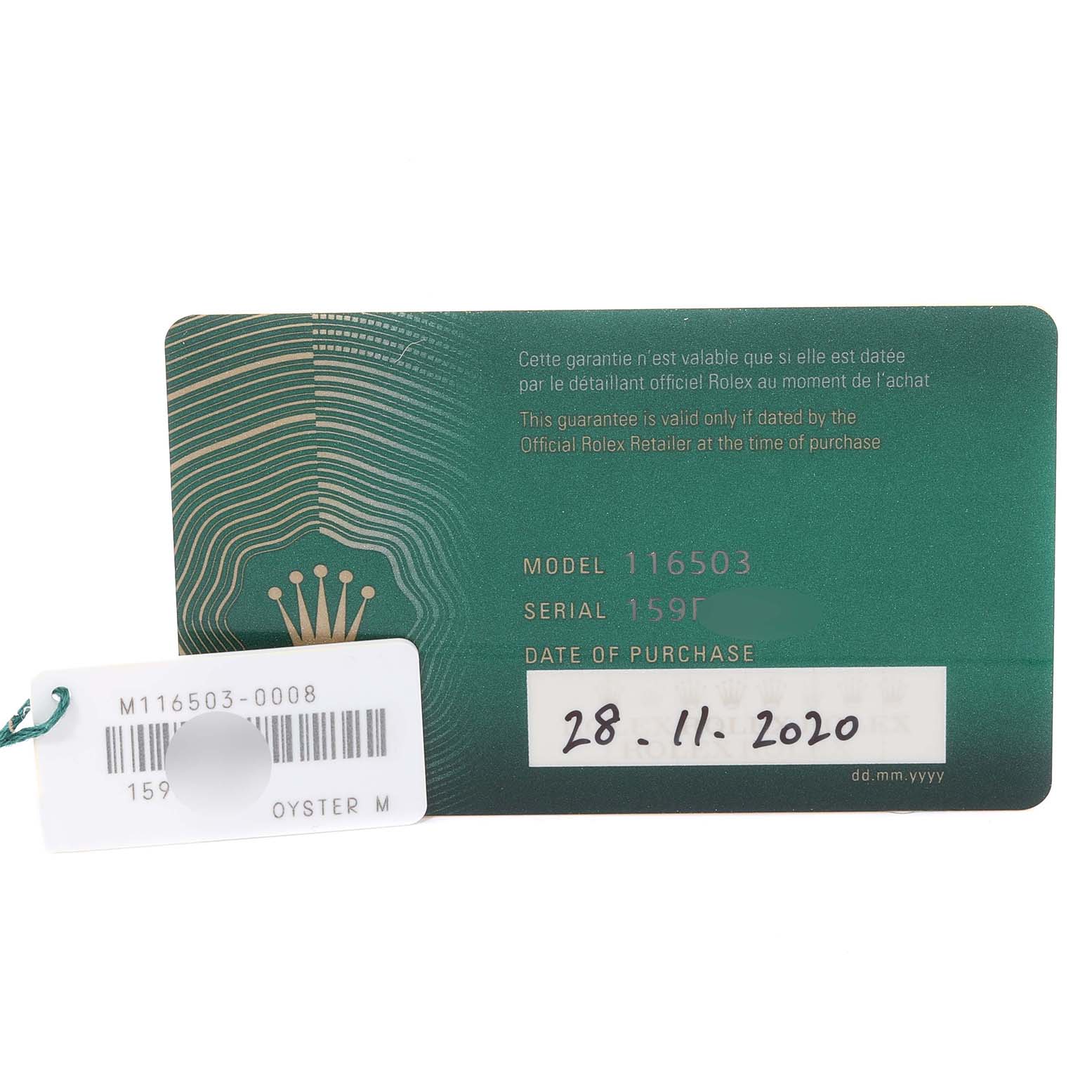 The image shows a Rolex Daytona 116503 Men
s Steel and Gold (two tone) Black Dial 116503 Men
s Steel and Gold (two tone) Black Dial model guarantee card and a hang tag.