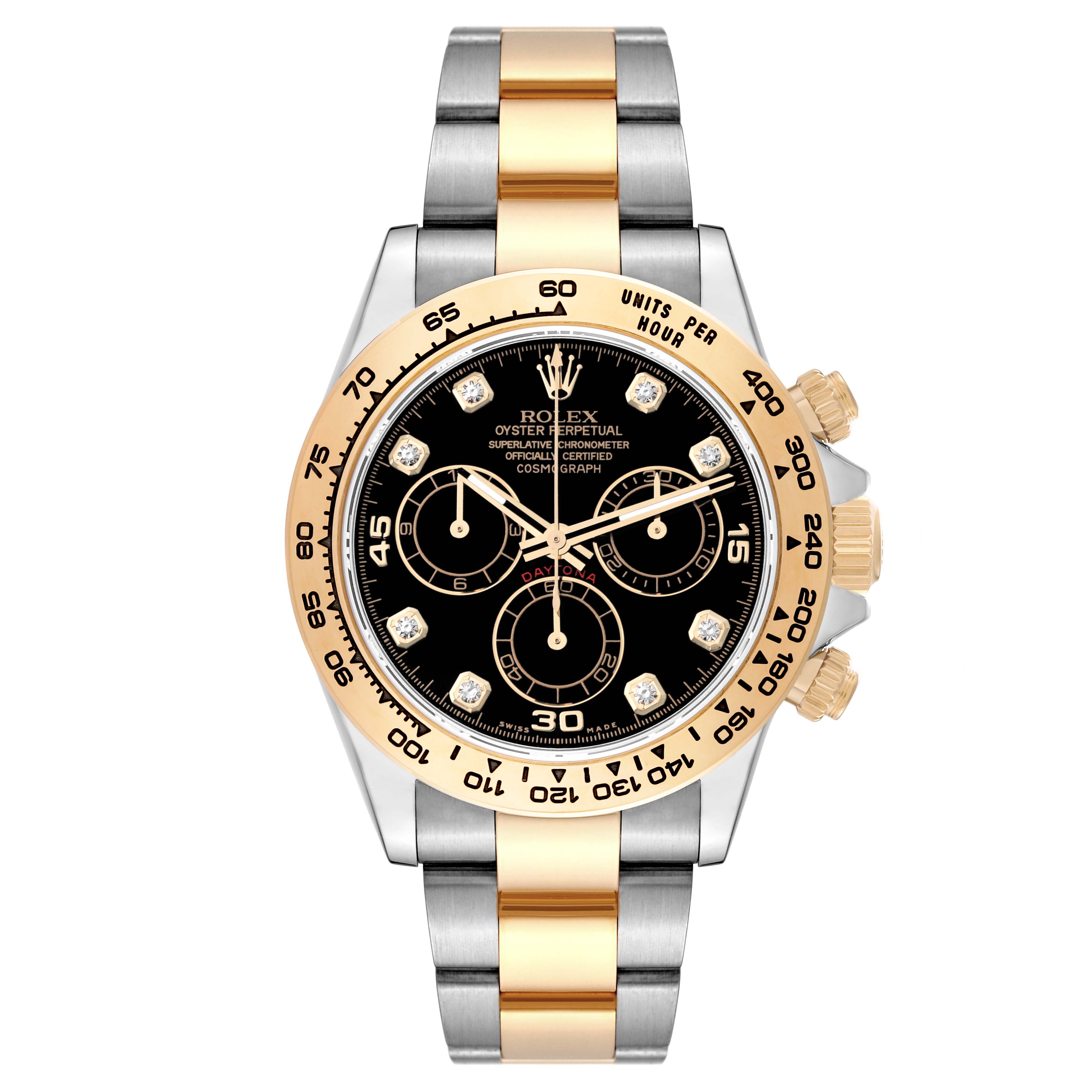 The image shows a front view of a Rolex Daytona 116503 Men
s Steel and Gold (two tone) Black Dial 116503 Men
s Steel and Gold (two tone) Black Dial watch with a two-tone gold and silver bracelet, black dial, and gold bezel.