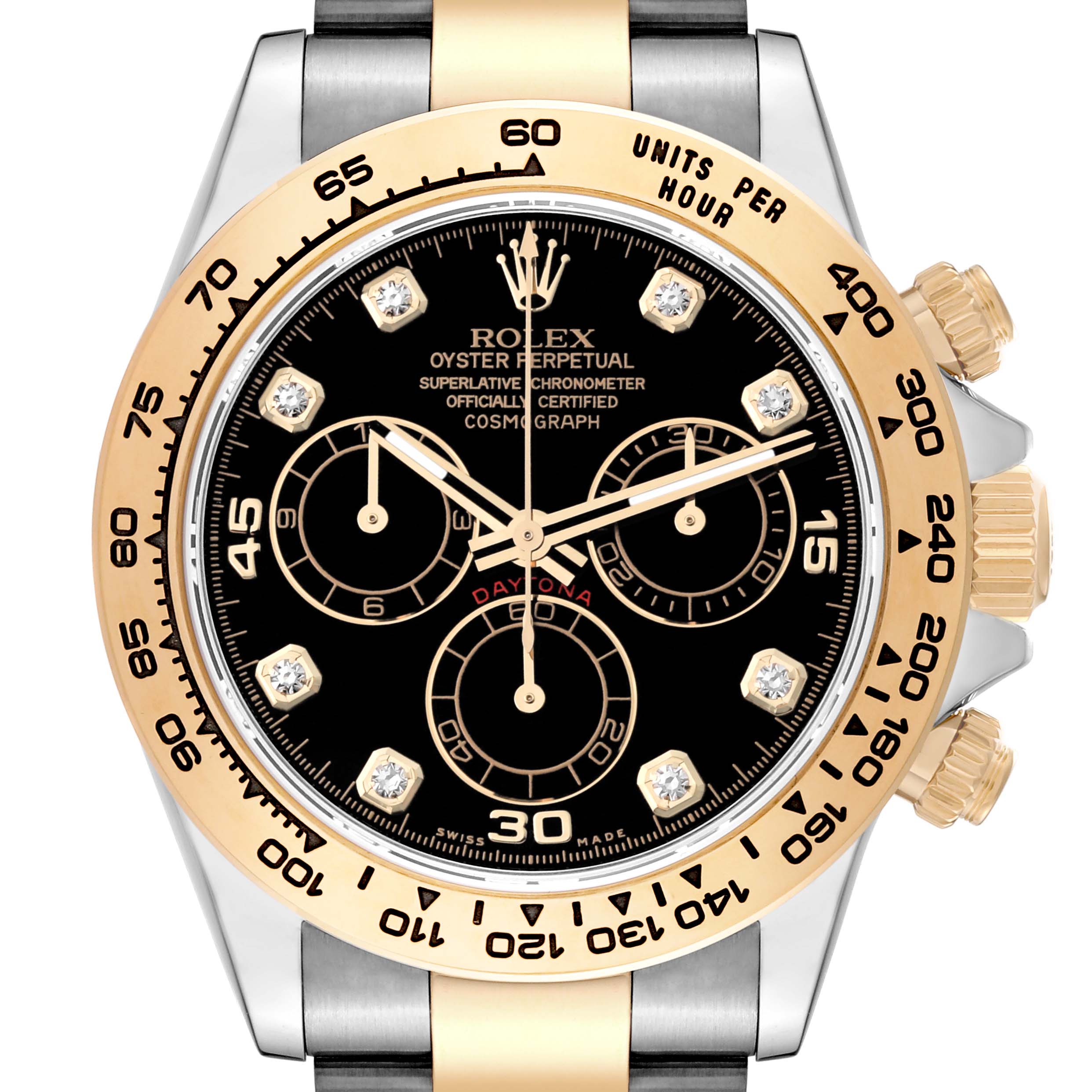 The image shows the face and bezel of a Rolex Daytona 116503 Men
s Steel and Gold (two tone) Black Dial 116503 Men
s Steel and Gold (two tone) Black Dial watch, featuring a black dial with diamond hour markers and a gold tachymeter bezel.