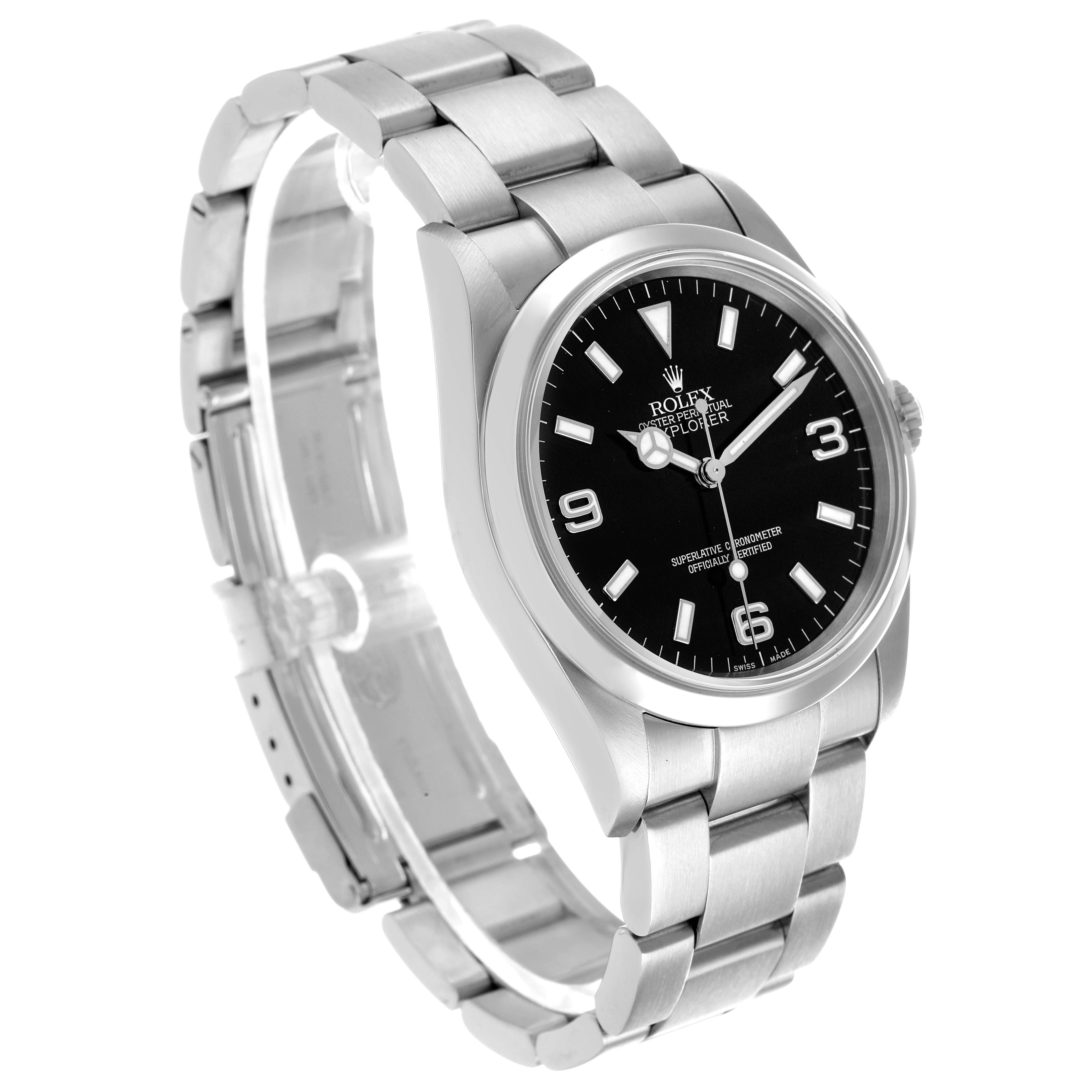 The Rolex Explorer 114270 Men's Stainless Steel Black Dial is shown at a three-quarter angle, highlighting the watch face, case, bezel, and bracelet.