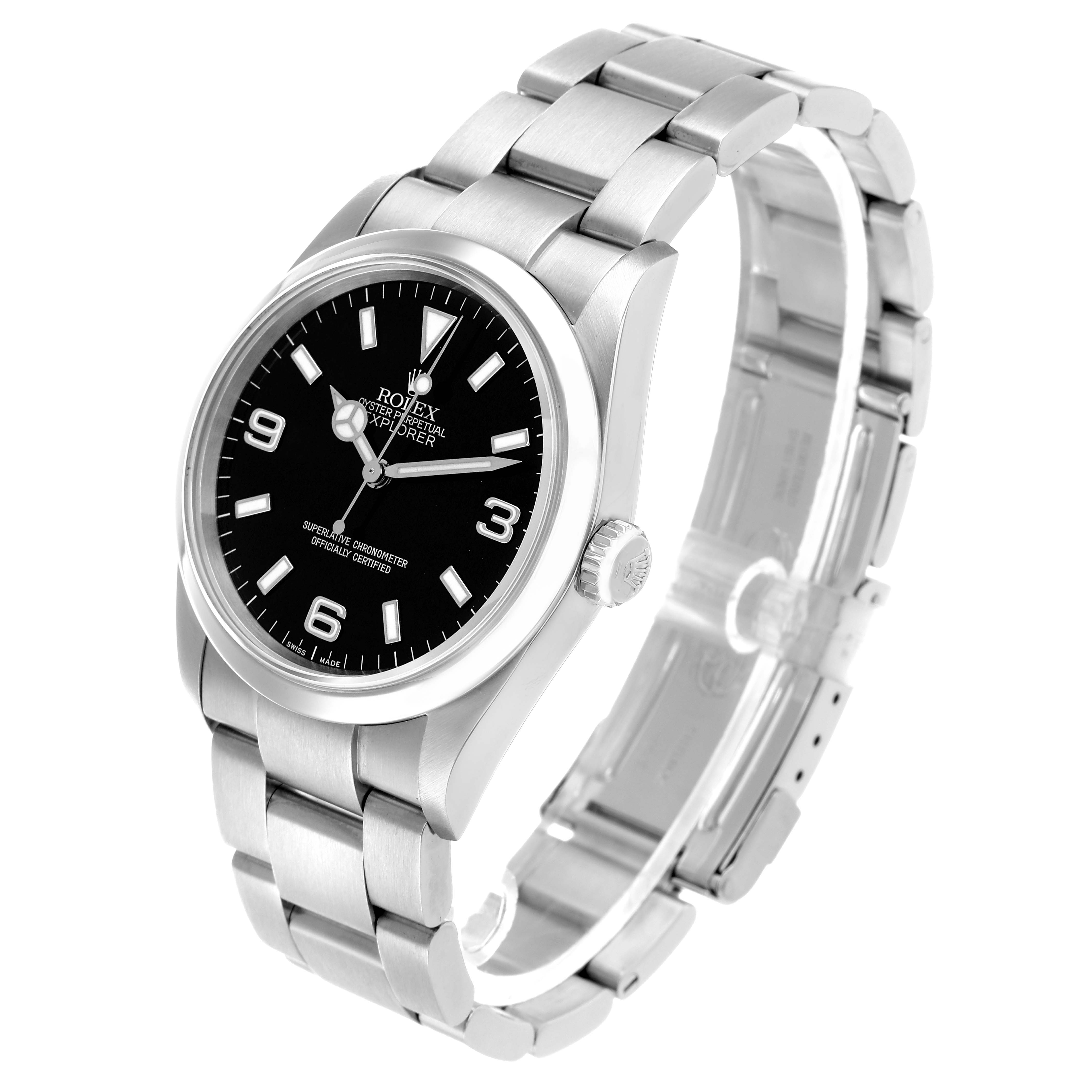 The Rolex Explorer 114270 Men's Stainless Steel Black Dial watch is shown at a side angle, displaying the case, bezel, dial, crown, and bracelet.