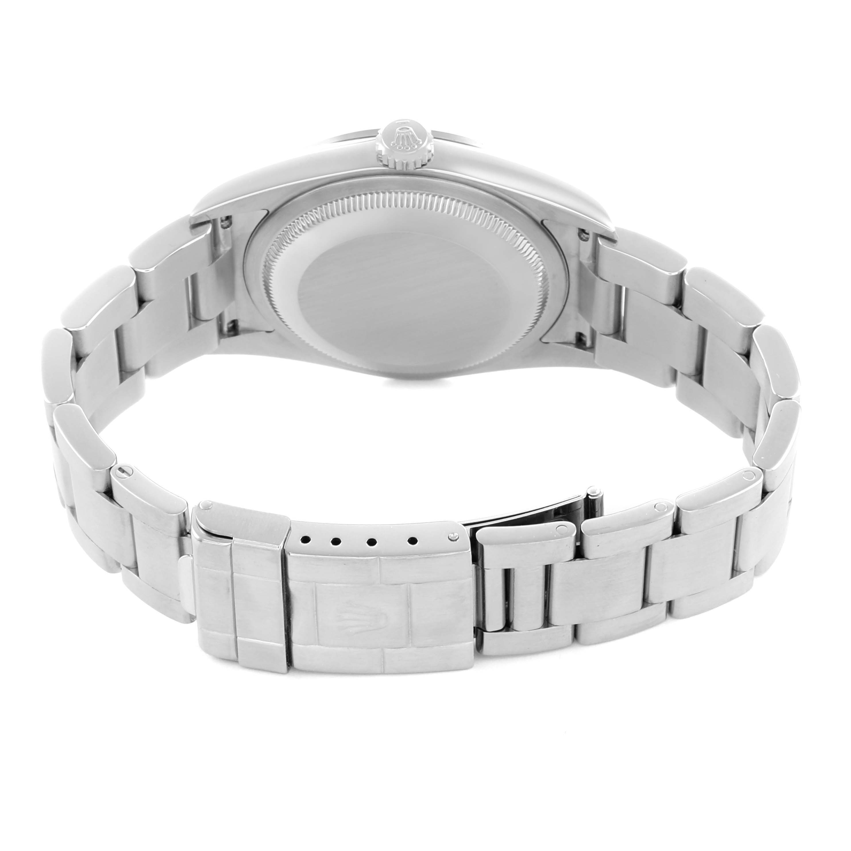 The image shows the back and bracelet of a Rolex Explorer 114270 Men's Stainless Steel Black Dial, highlighting the case back and clasp.