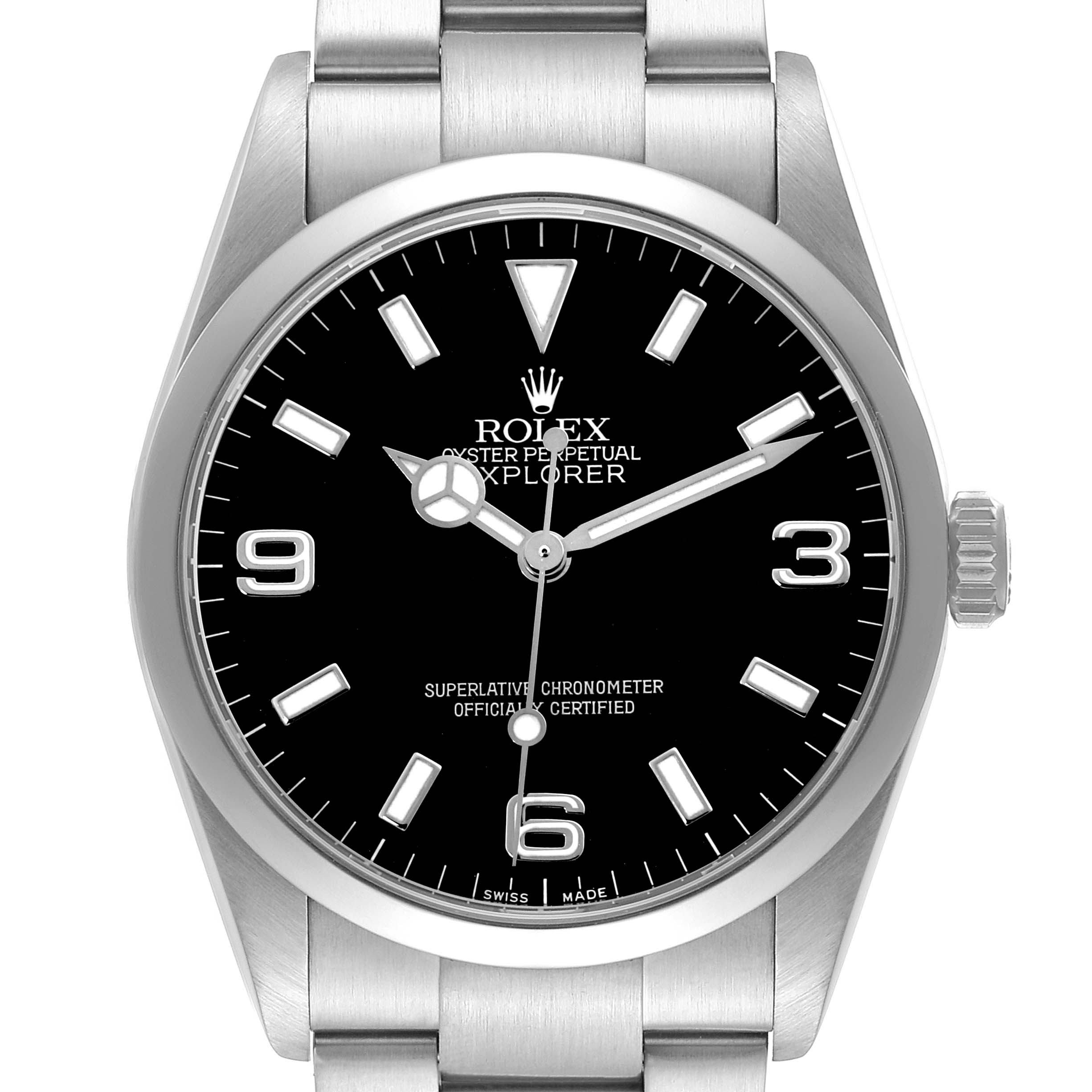 The image shows a frontal view of the Rolex Explorer 114270 Men's Stainless Steel Black Dial watch, displaying the dial, hands, and part of the bracelet.