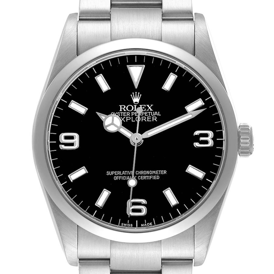 The image shows a frontal view of the Rolex Explorer 114270 Men's Stainless Steel Black Dial watch, displaying the dial, hands, and part of the bracelet.