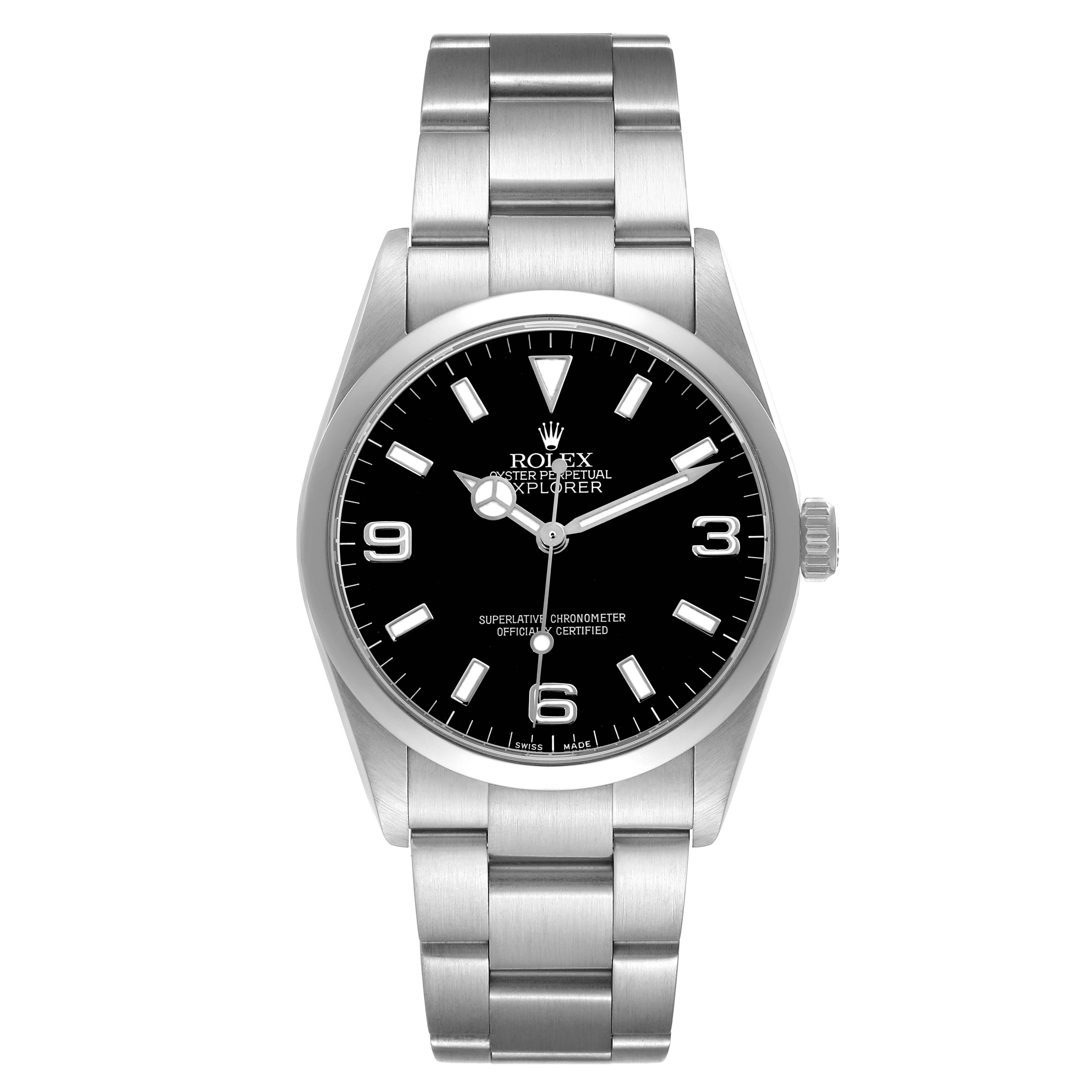 The Rolex Explorer 114270 Men's Stainless Steel Black Dial watch is shown from a front angle, highlighting the face, bezel, case, and bracelet.