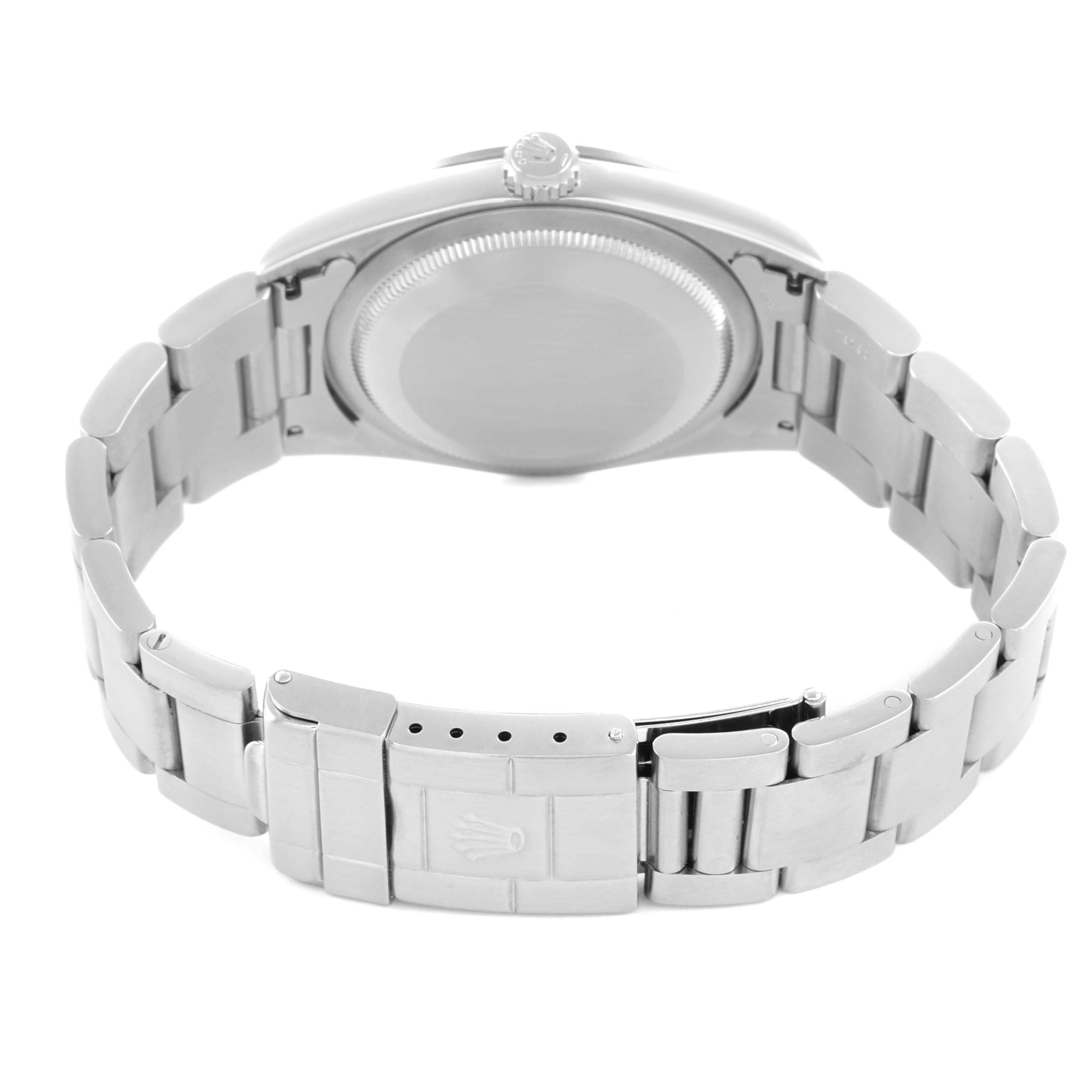 The Rolex Explorer 14270 Men's Stainless Steel Black Dial watch is shown from the back, highlighting the bracelet, clasp, and case back.