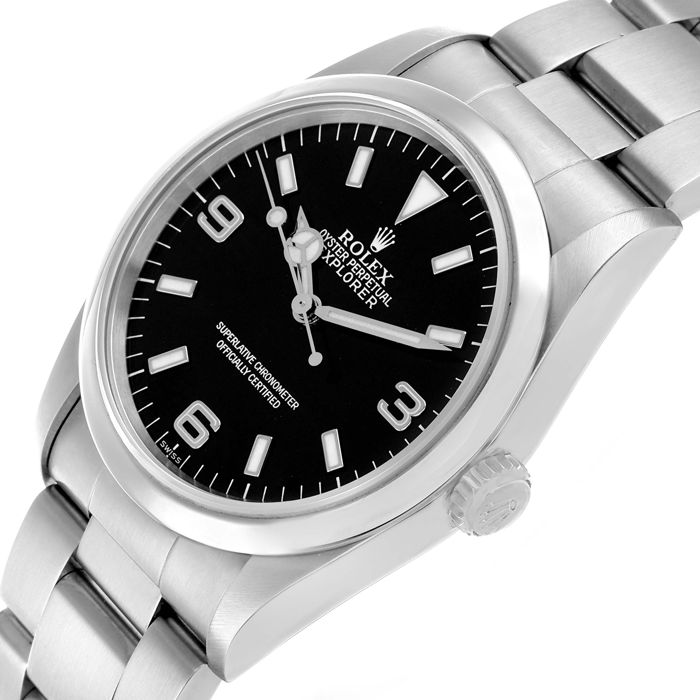 The Rolex Explorer 14270 Men's Stainless Steel Black Dial watch is shown at a three-quarter angle, displaying its face, bezel, crown, and bracelet.