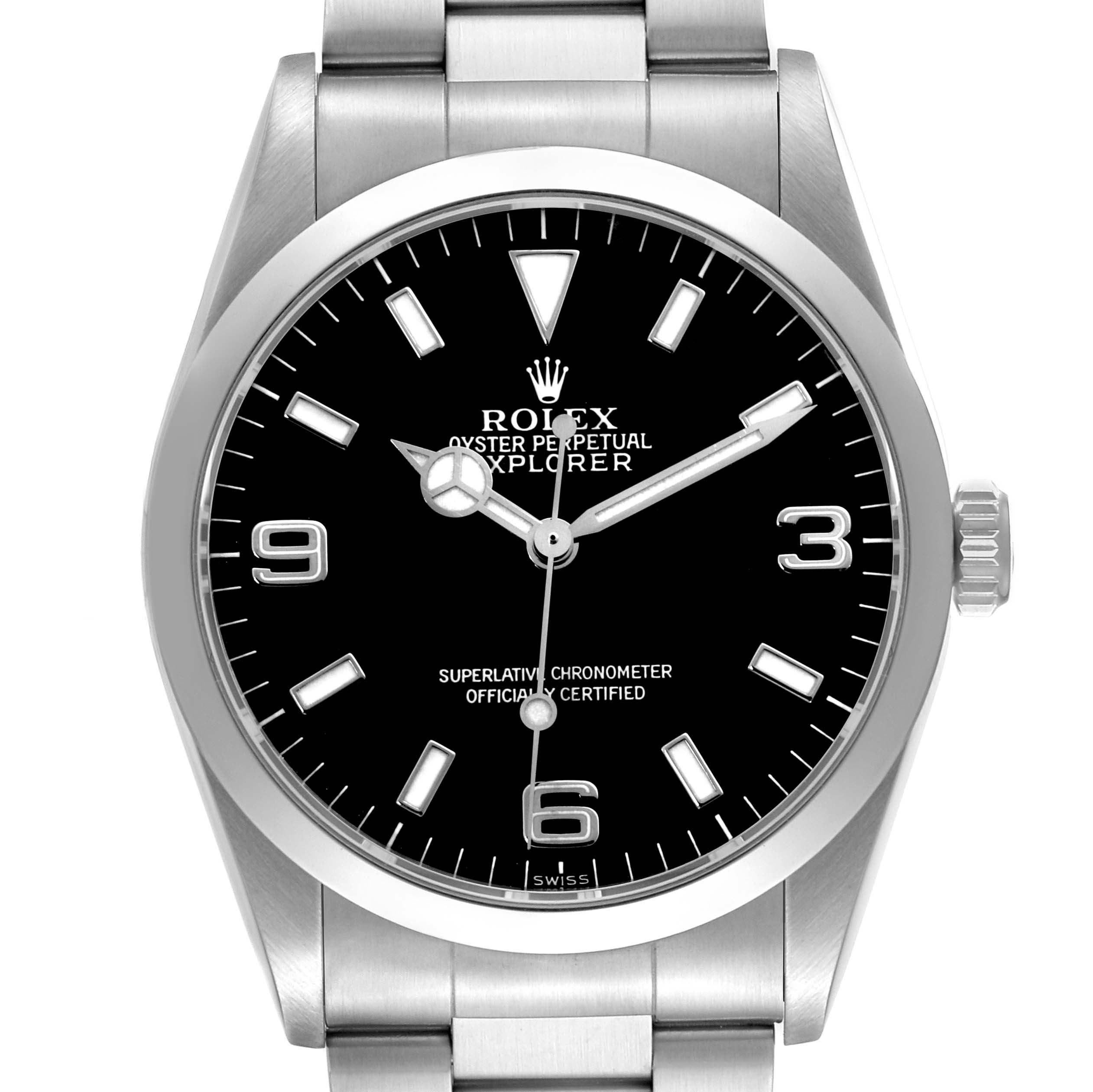 The Rolex Explorer 14270 Men's Stainless Steel Black Dial watch is shown from a front angle, focusing on the dial, bezel, and part of the bracelet.