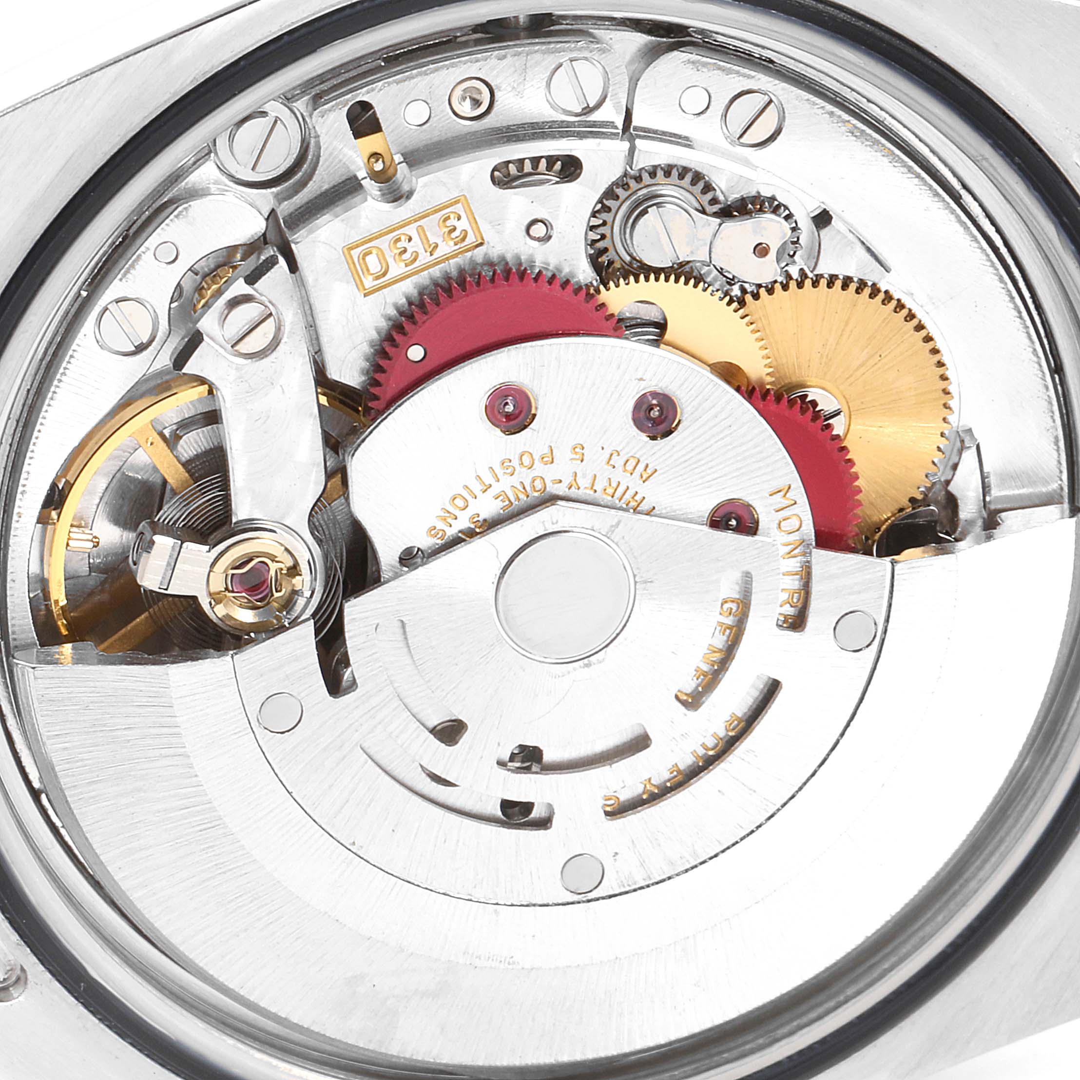 This close-up image shows the intricate internal mechanical parts of a Rolex Explorer 114270 Men's Stainless Steel Black Dial 114270 Men's Stainless Steel Black Dial watch, including gears and the rotor.