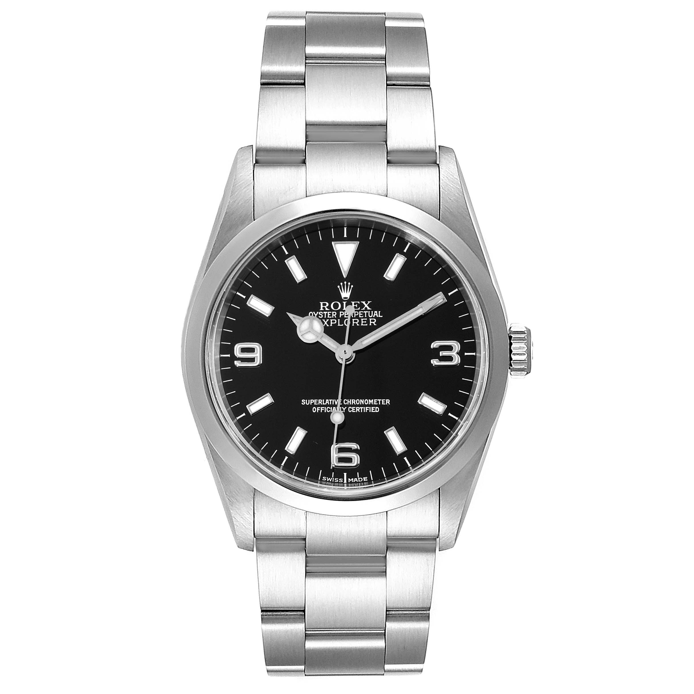 The image shows a Rolex Explorer 114270 Men's Stainless Steel Black Dial 114270 Men's Stainless Steel Black Dial model watch from a front angle, displaying its black dial, silver indices, and stainless steel bracelet.