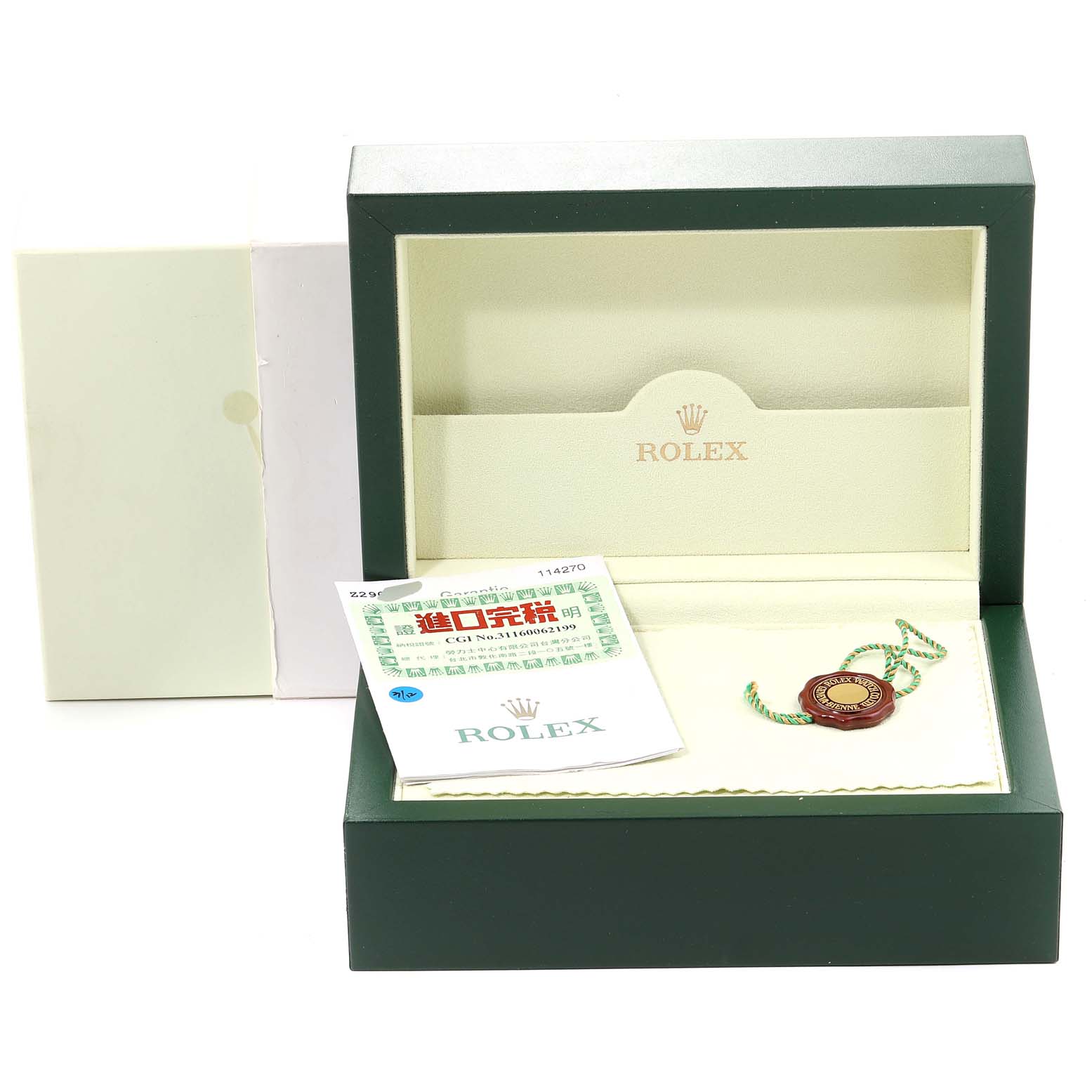 This image shows the packaging and accessories for a Rolex Explorer 114270 Men's Stainless Steel Black Dial 114270 Men's Stainless Steel Black Dial, including a box, booklet, and tag.