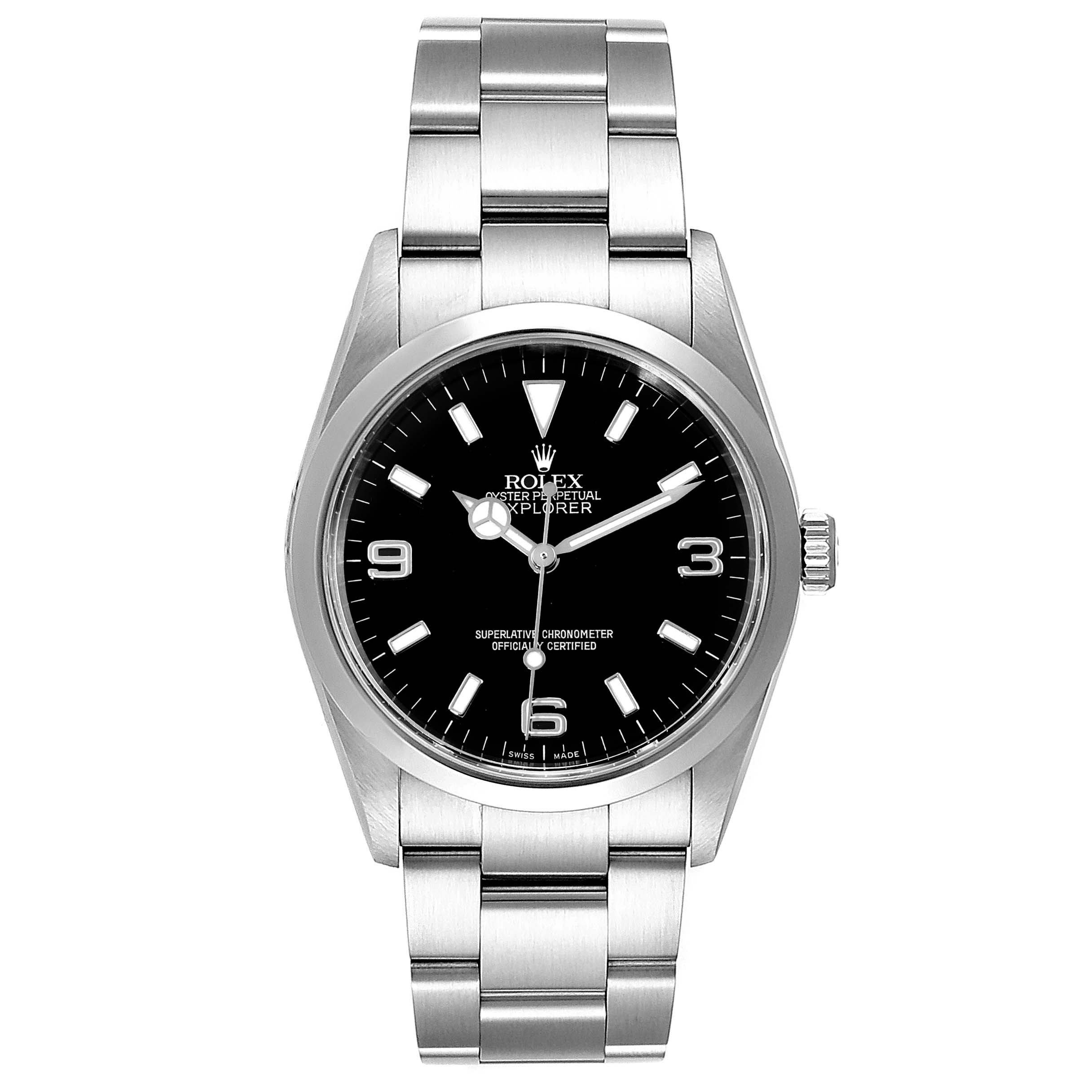 The image shows a front view of the Rolex Explorer 114270 Men's Stainless Steel Black Dial 114270 Men's Stainless Steel Black Dial watch, displaying the dial, bezel, case, and bracelet.