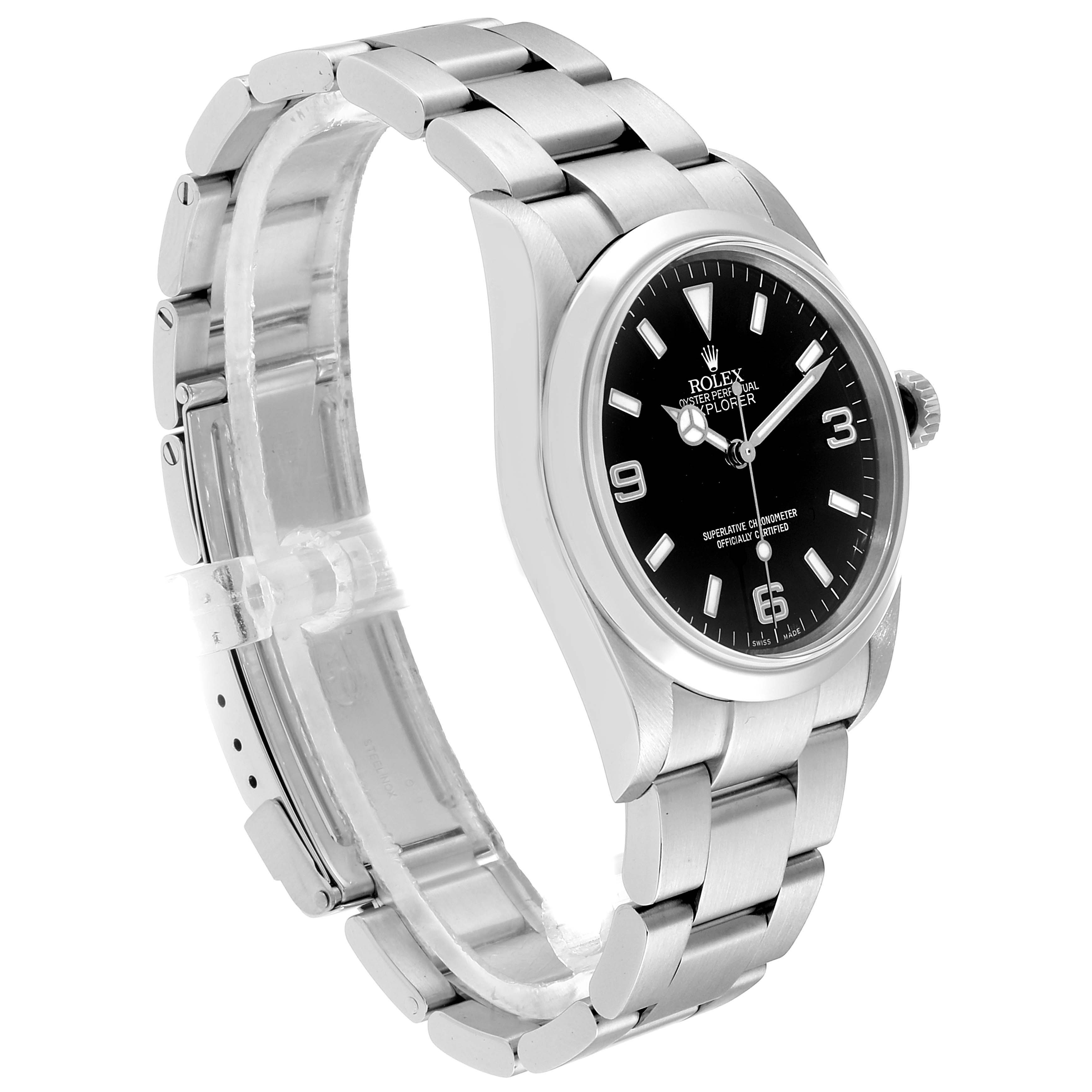 The Rolex Explorer 114270 Men's Stainless Steel Black Dial 114270 Men's Stainless Steel Black Dial watch is shown at a slight angle, highlighting the black dial, silver hour markers, and stainless steel bracelet.