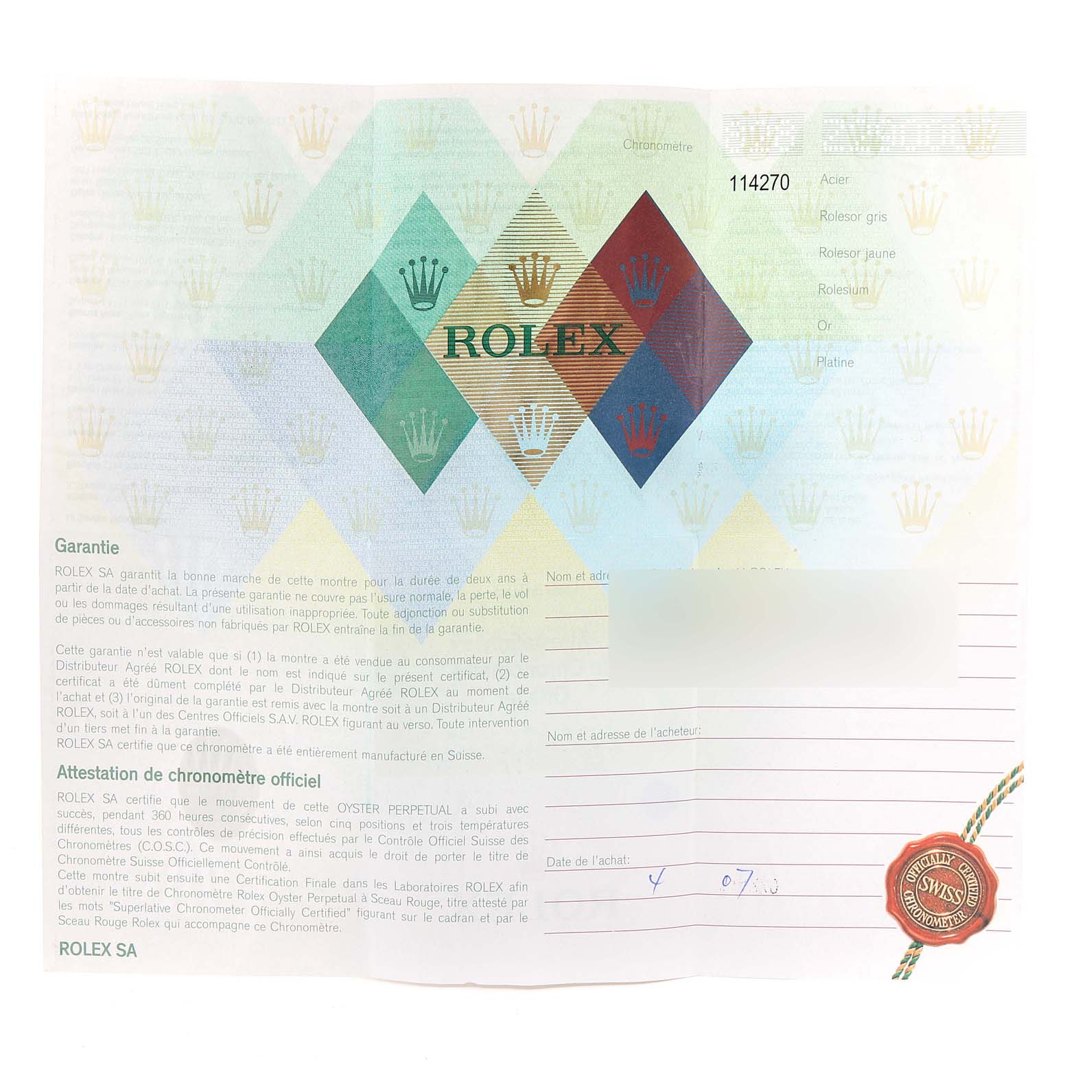 The image shows the certificate of guarantee for the Rolex Explorer 114270 Men's Stainless Steel Black Dial 114270 Men's Stainless Steel Black Dial.