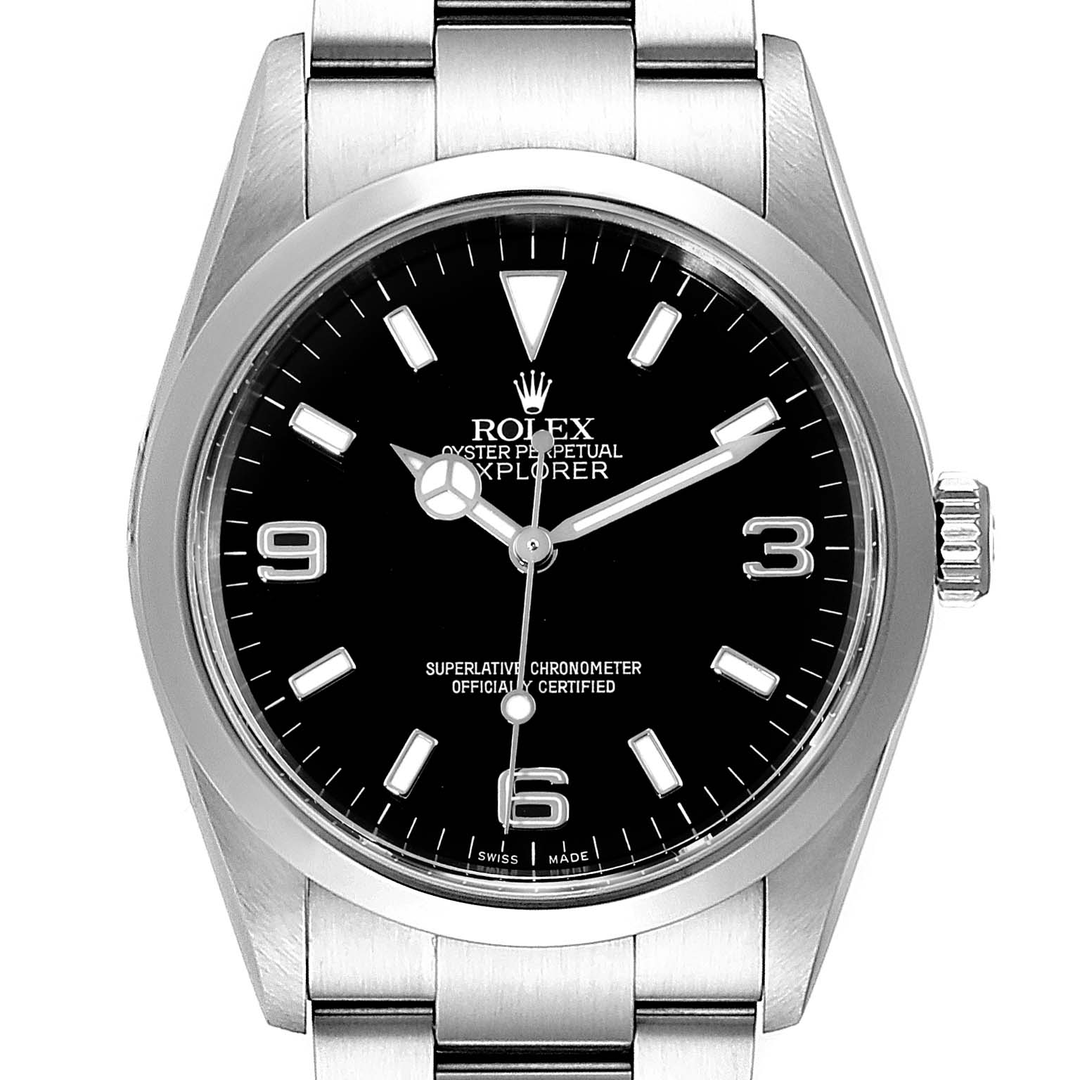 The image shows a front view of a Rolex Explorer 114270 Men's Stainless Steel Black Dial 114270 Men's Stainless Steel Black Dial watch, displaying its black dial, silver markers, and stainless steel bracelet.
