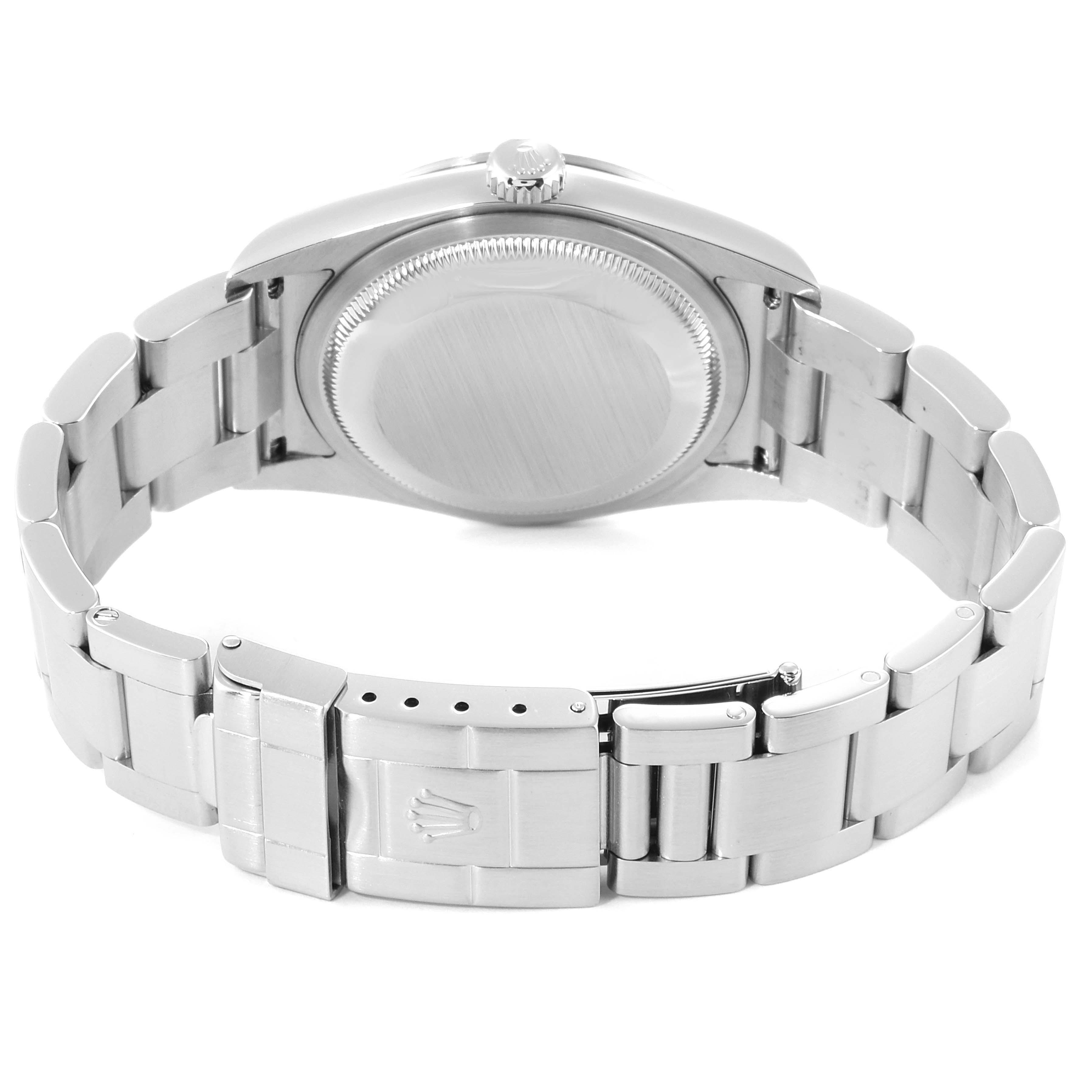 The image shows the back case and bracelet of the Rolex Explorer 114270 Men's Stainless Steel Black Dial 114270 Men's Stainless Steel Black Dial watch from a rear angle.