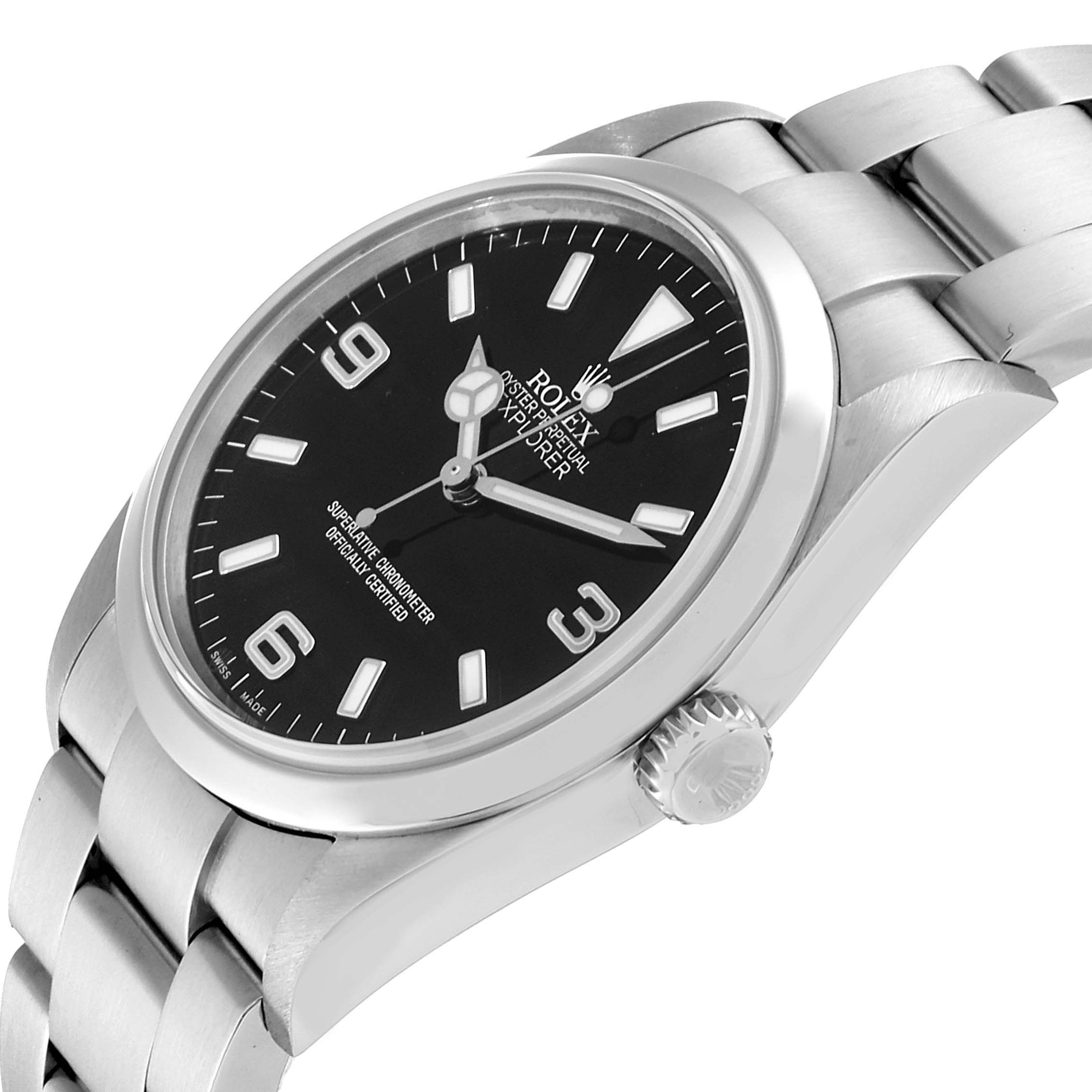 The Rolex Explorer 114270 Men's Stainless Steel Black Dial 114270 Men's Stainless Steel Black Dial watch is shown at an angle highlighting the face, bezel, crown, and part of the bracelet.