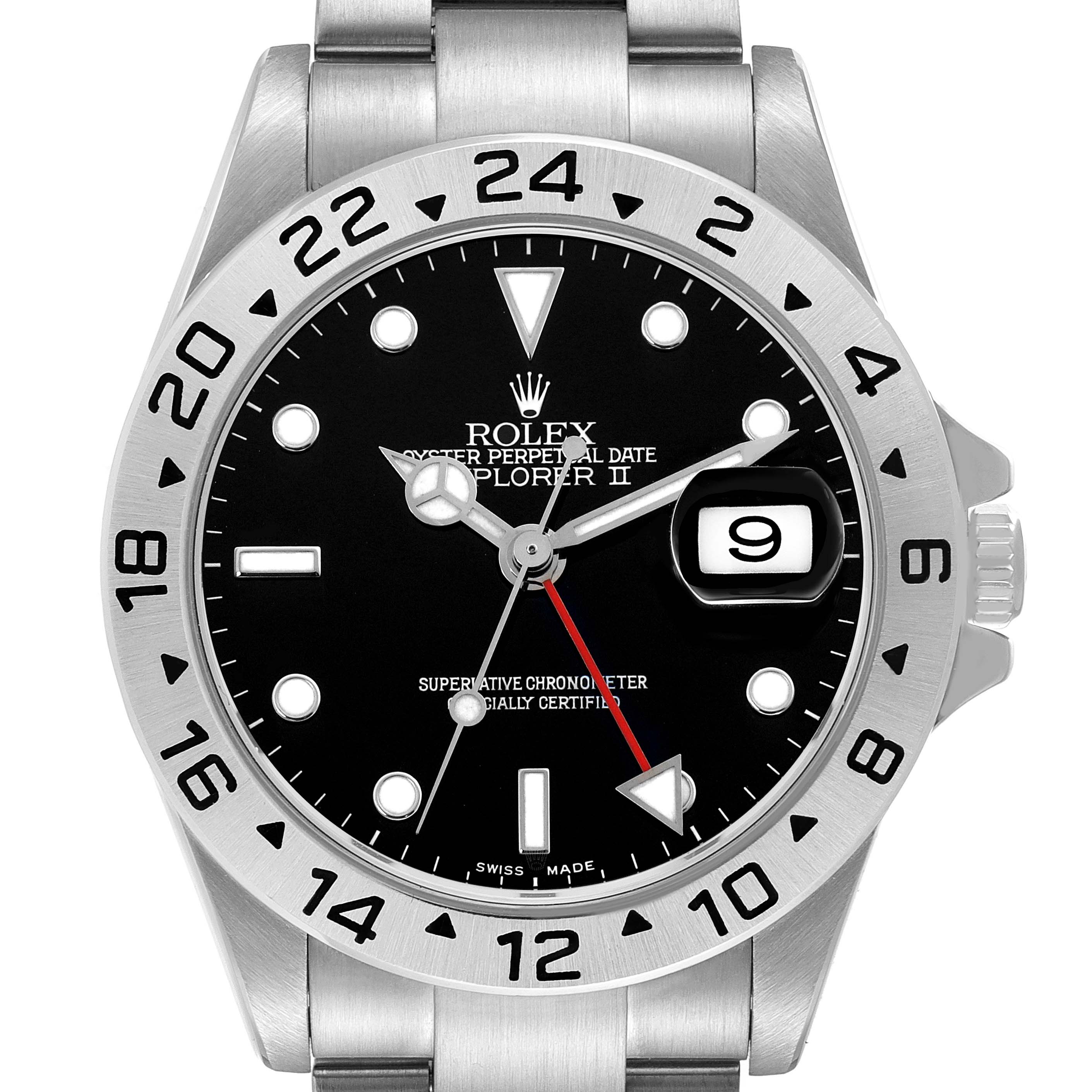 This image shows a frontal view of the Rolex Explorer 16570 Men's Stainless Steel Black Dial II watch, displaying the bezel, dial, hands, crown, and part of the bracelet.
