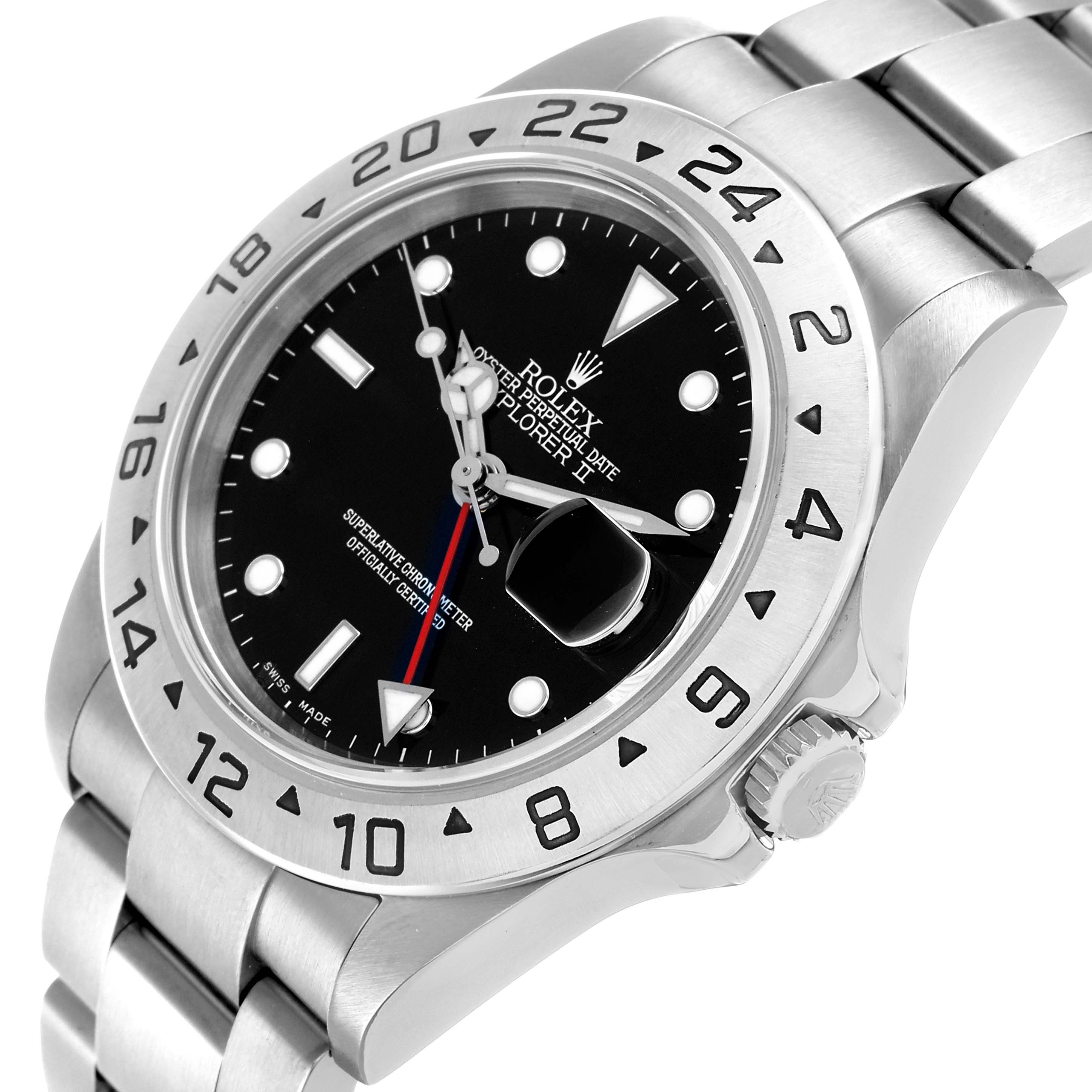 The Rolex Explorer 16570 Men's Stainless Steel Black Dial watch is shown at a slight angle, displaying the bezel, dial, bracelet, and crown.