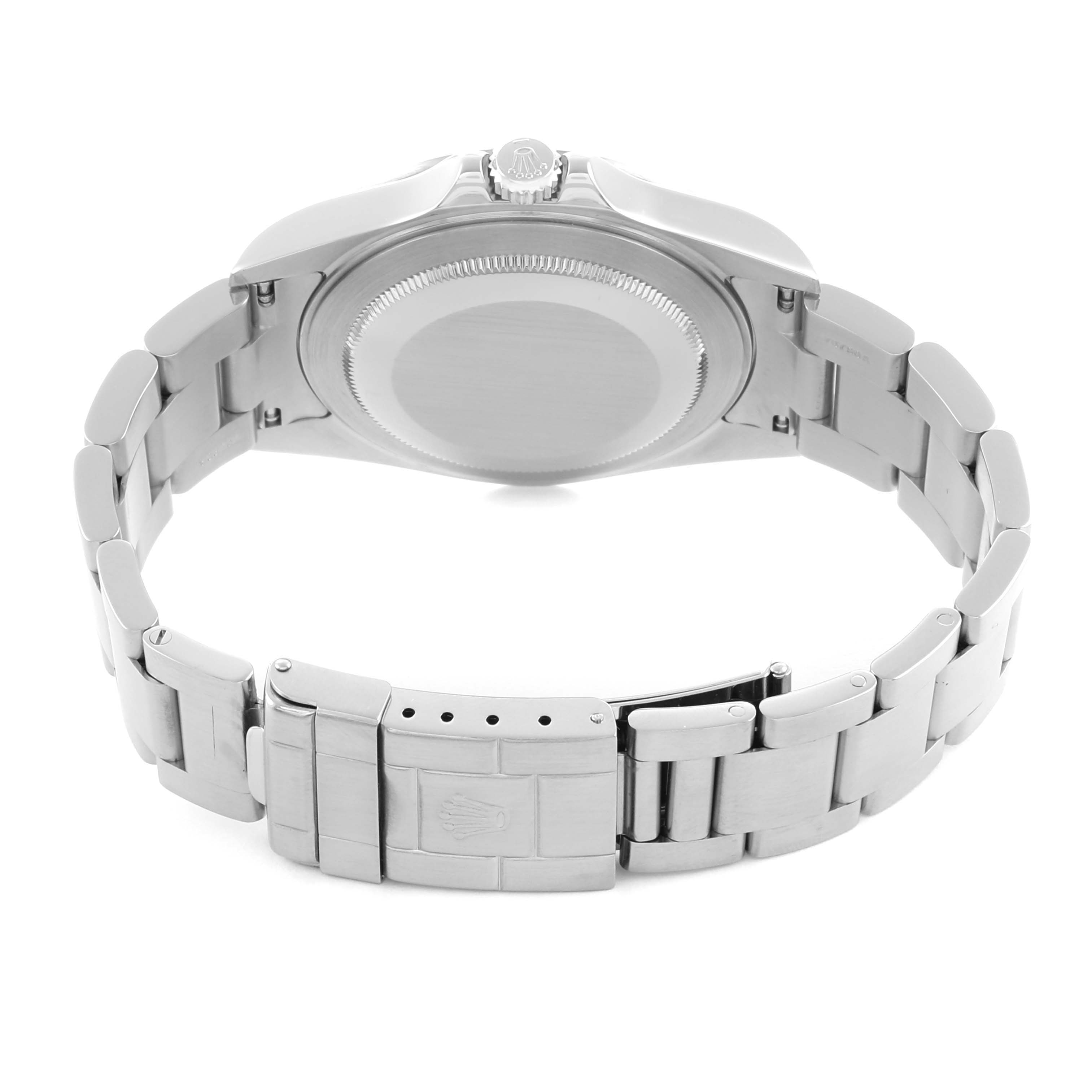 The Rolex Explorer 16570 Men's Stainless Steel Black Dial watch is shown from the back, highlighting its case back, bracelet, and clasp.