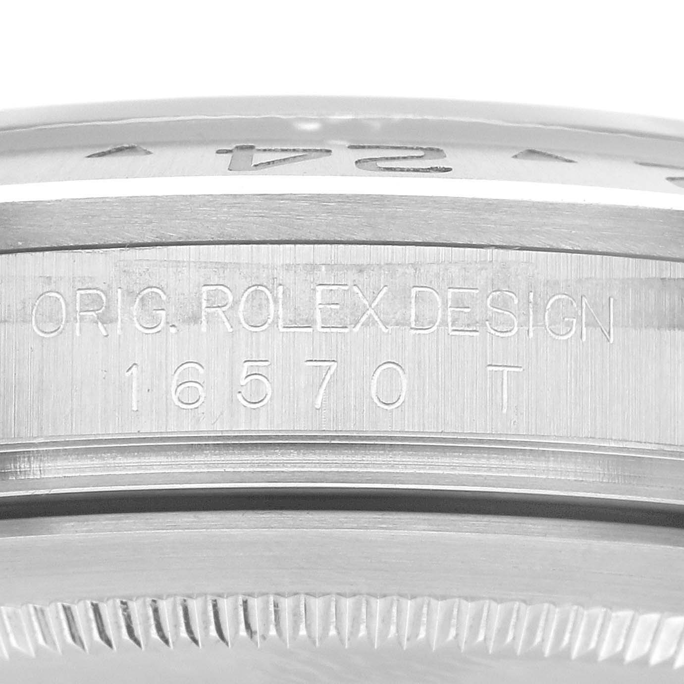 The image shows a side view of the Rolex Explorer 16570 Men's Stainless Steel Black Dial watch case, highlighting the engraved model number "16570" and "ORIG. ROLEX DESIGN."