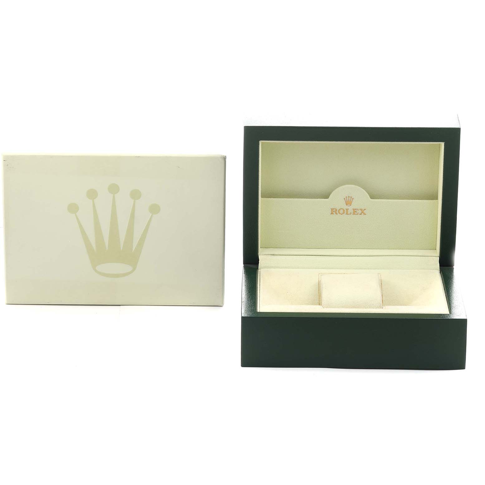 The image shows an open Rolex Explorer 16570 Men's Stainless Steel Black Dial watch box, displaying the interior and exterior packaging.