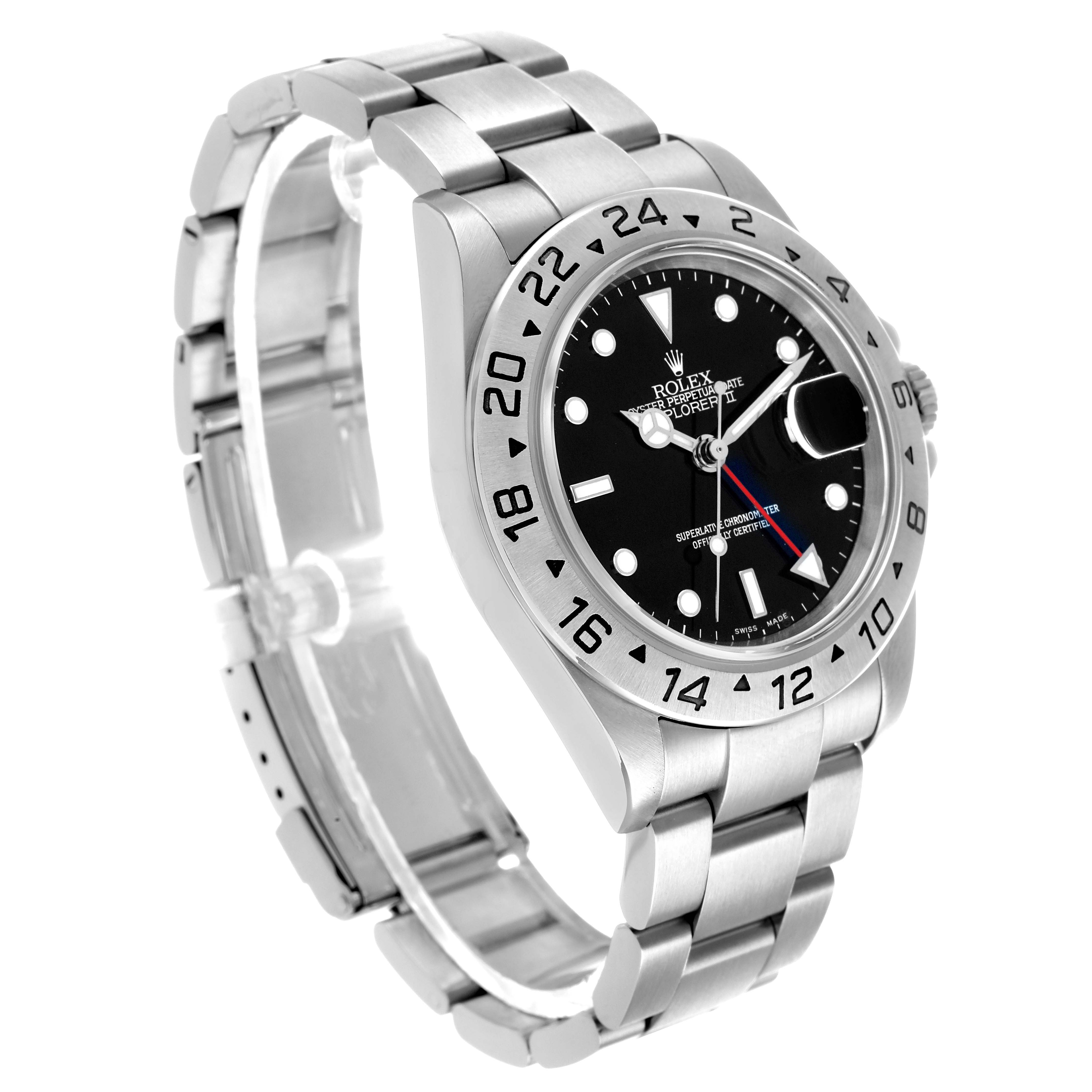 The Rolex Explorer 16570 Men's Stainless Steel Black Dial watch is shown at a three-quarter angle, displaying the dial, bezel, bracelet, and crown.