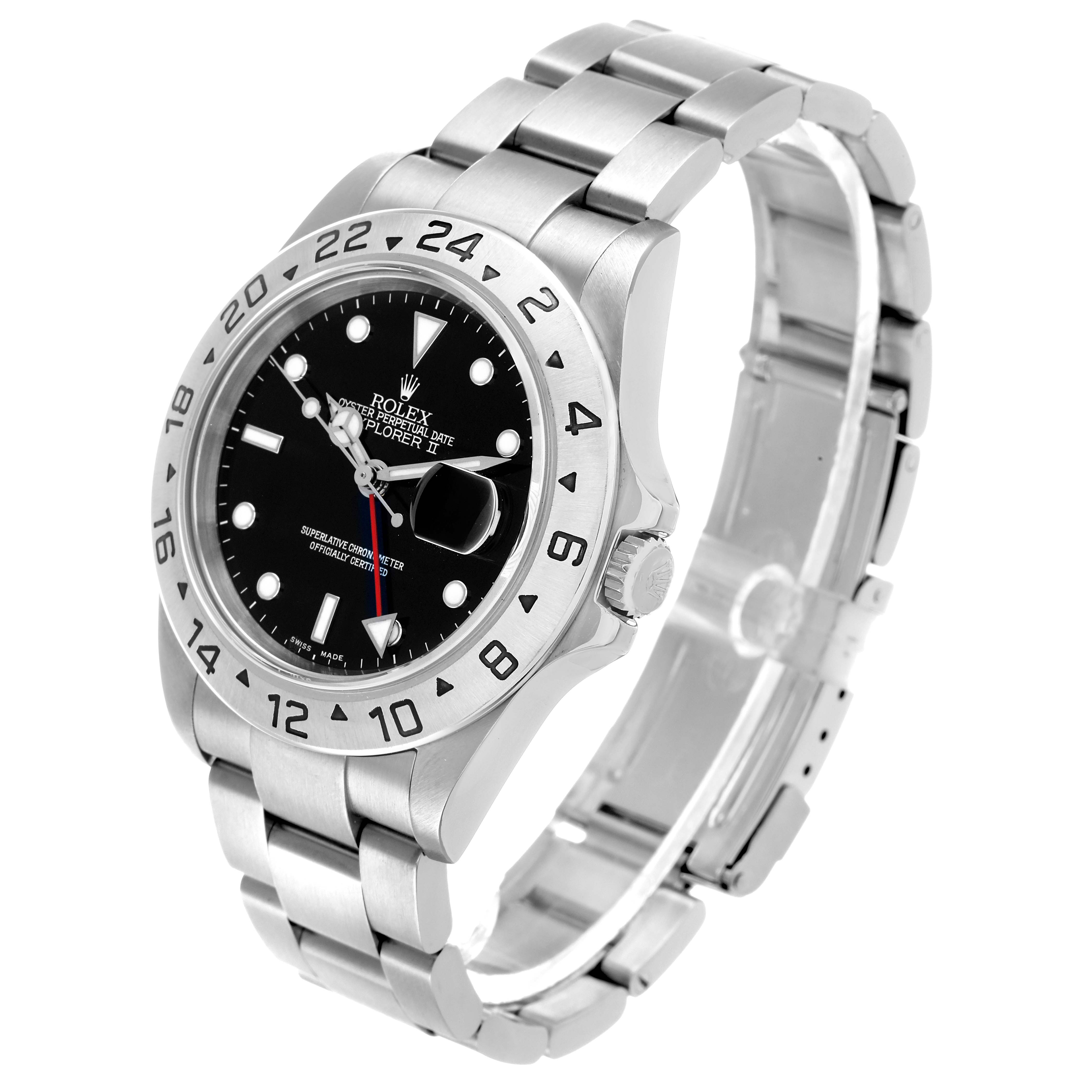 The Rolex Explorer 16570 Men's Stainless Steel Black Dial watch is shown at a slightly angled top view, highlighting the dial, bezel, and bracelet.