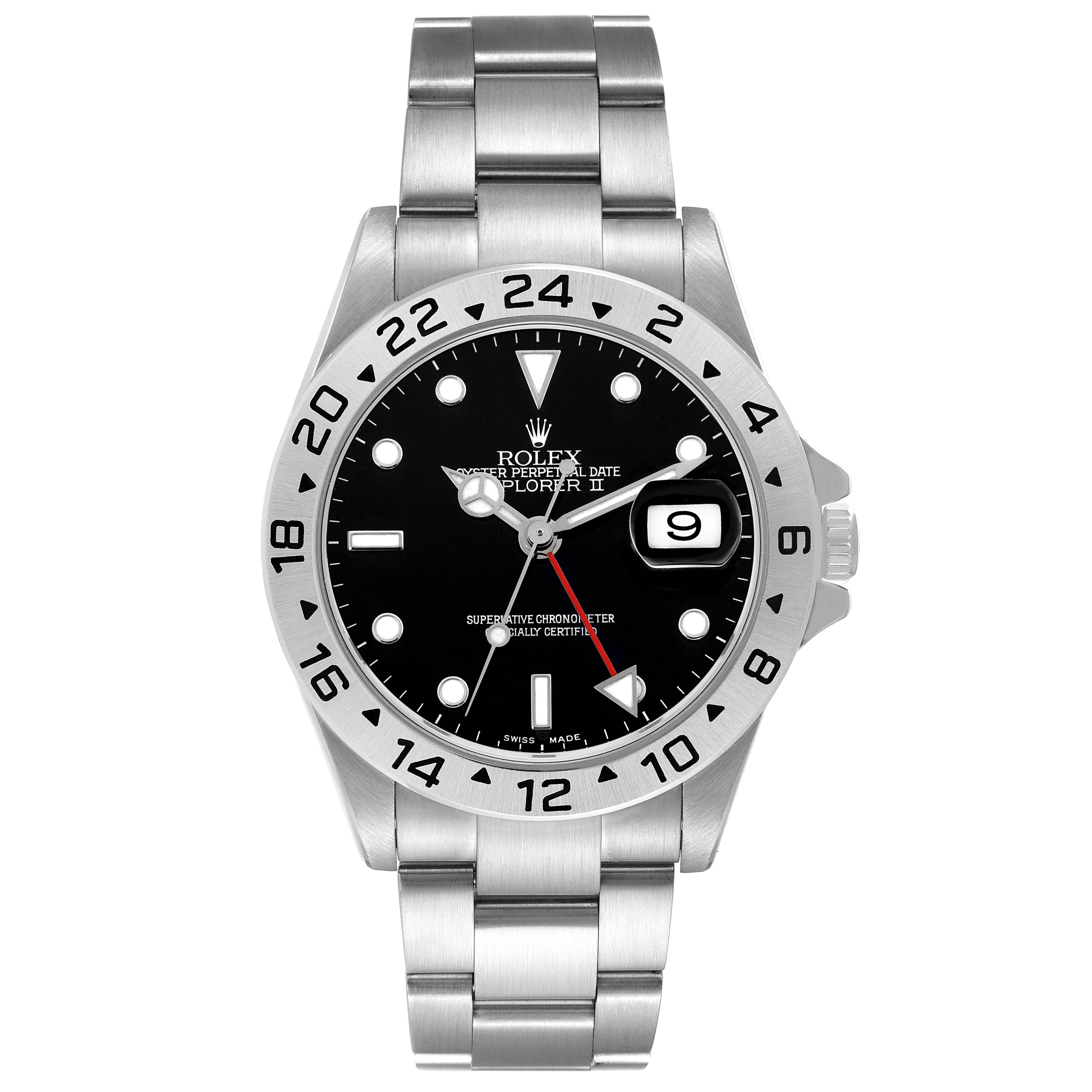 The Rolex Explorer 16570 Men's Stainless Steel Black Dial II watch is shown from a front angle, displaying the bezel, dial, bracelet, and crown.