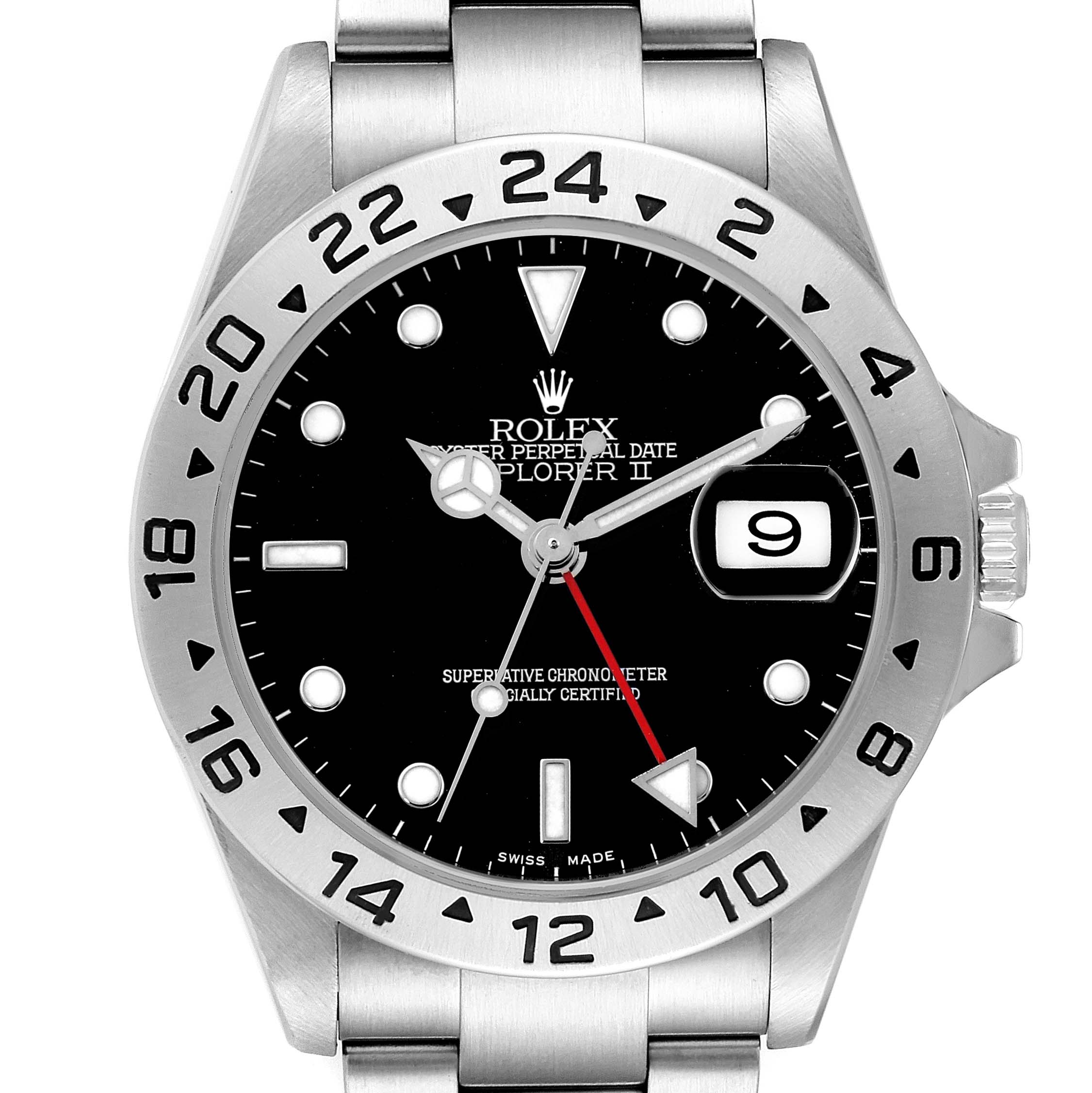 The Rolex Explorer 16570 Men's Stainless Steel Black Dial II watch is shown from the front, displaying the dial, hands, bezel, and part of the bracelet.