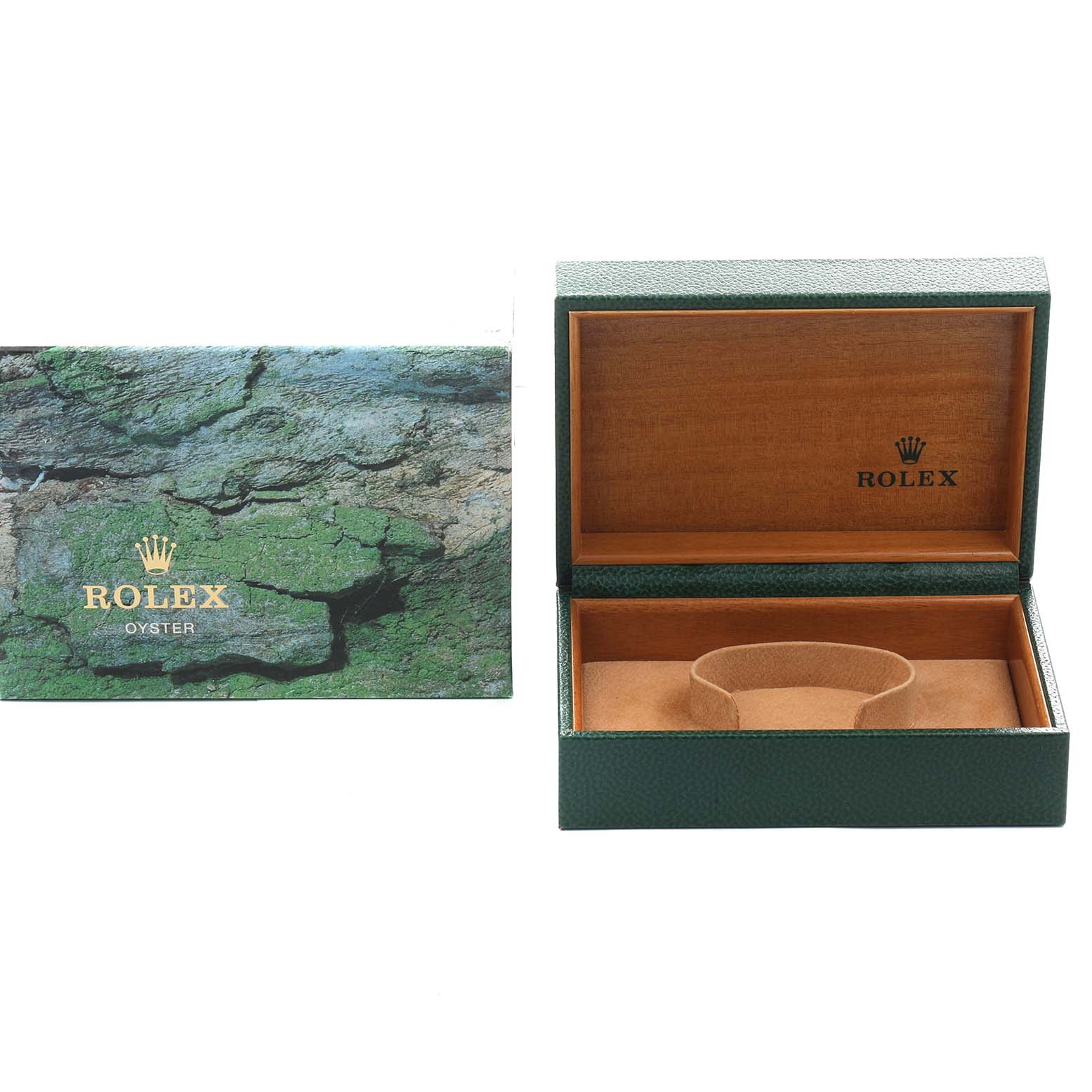 The image shows the open presentation box and outer packaging for a Rolex Explorer 16570 Men's Stainless Steel Black Dial watch.