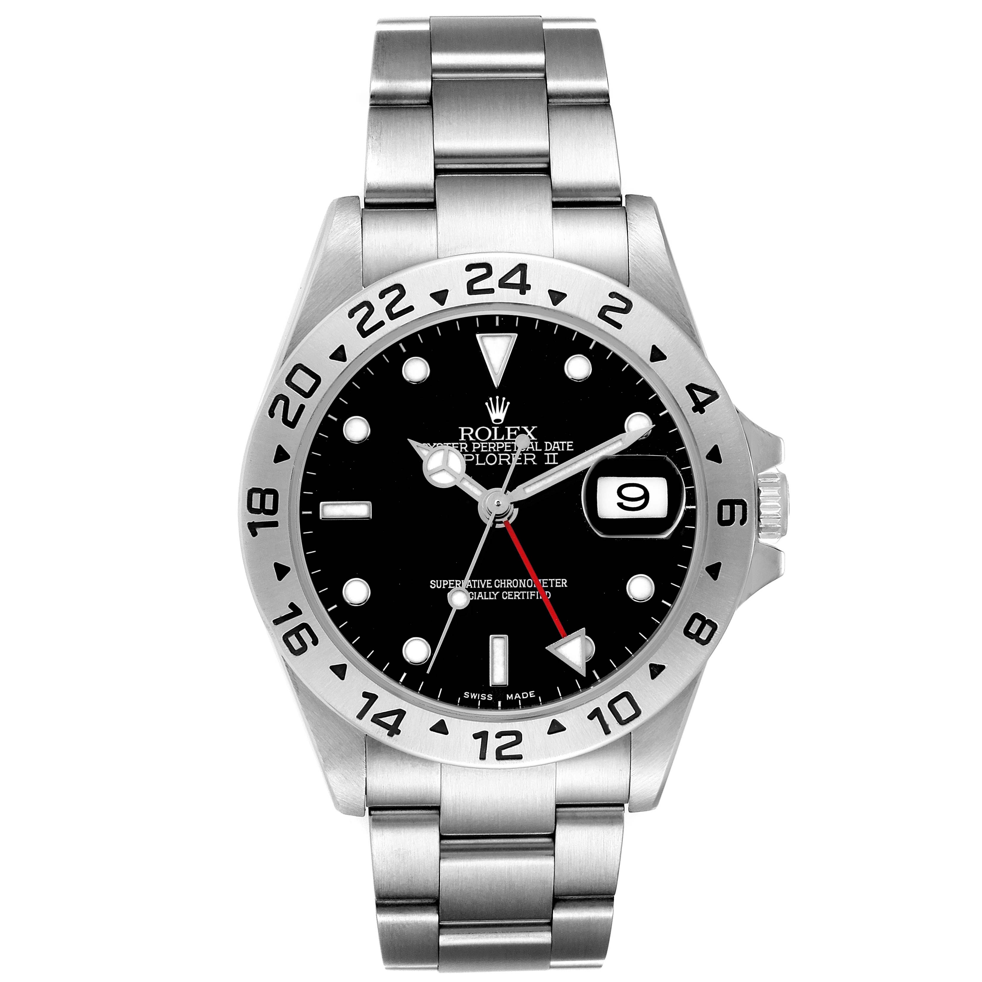 The Rolex Explorer 16570 Men's Stainless Steel Black Dial II watch is shown from a front angle, displaying the dial, bezel, bracelet, and crown.