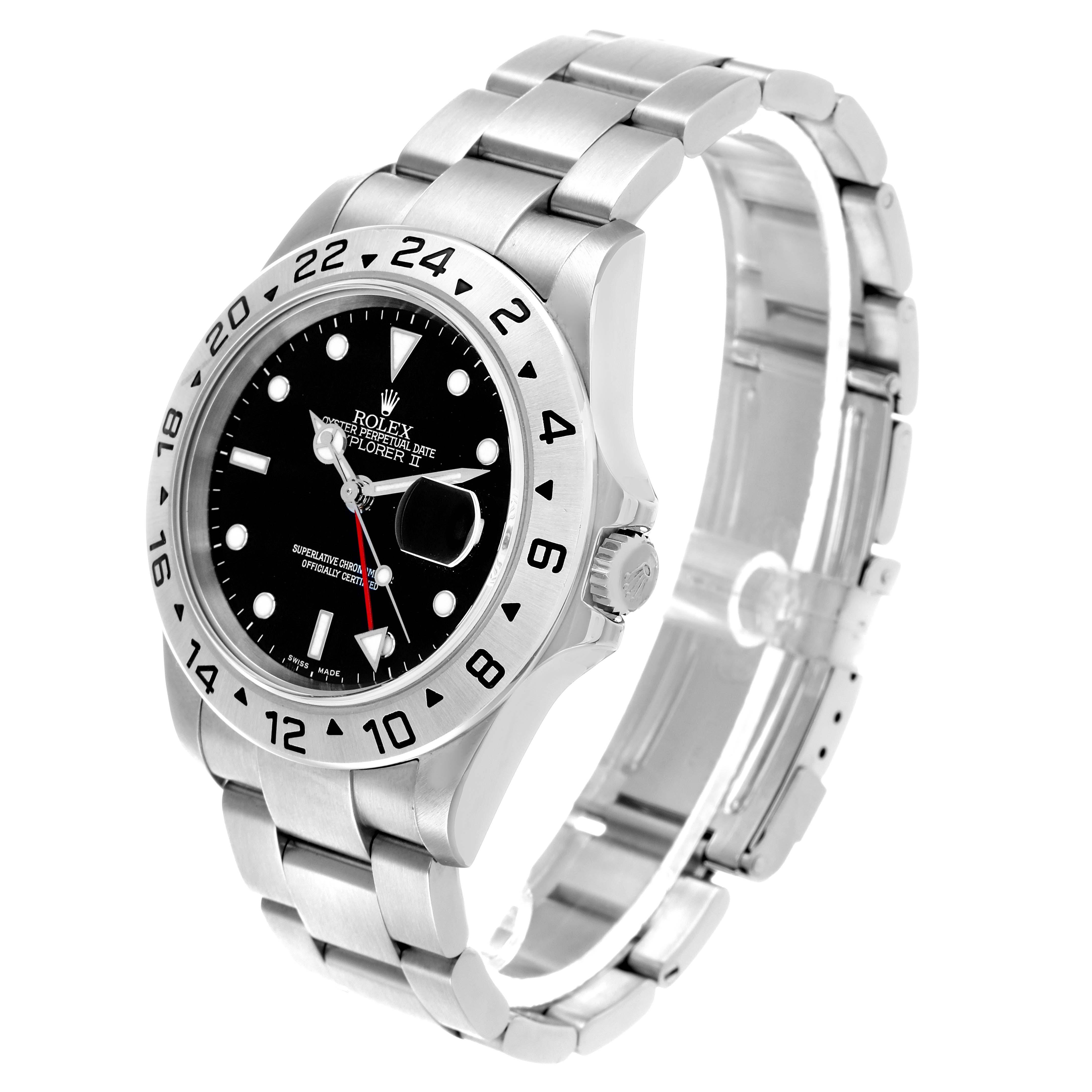 The Rolex Explorer 16570 Men's Stainless Steel Black Dial model is shown at a three-quarter angle, displaying the bezel, dial, crown, and bracelet.