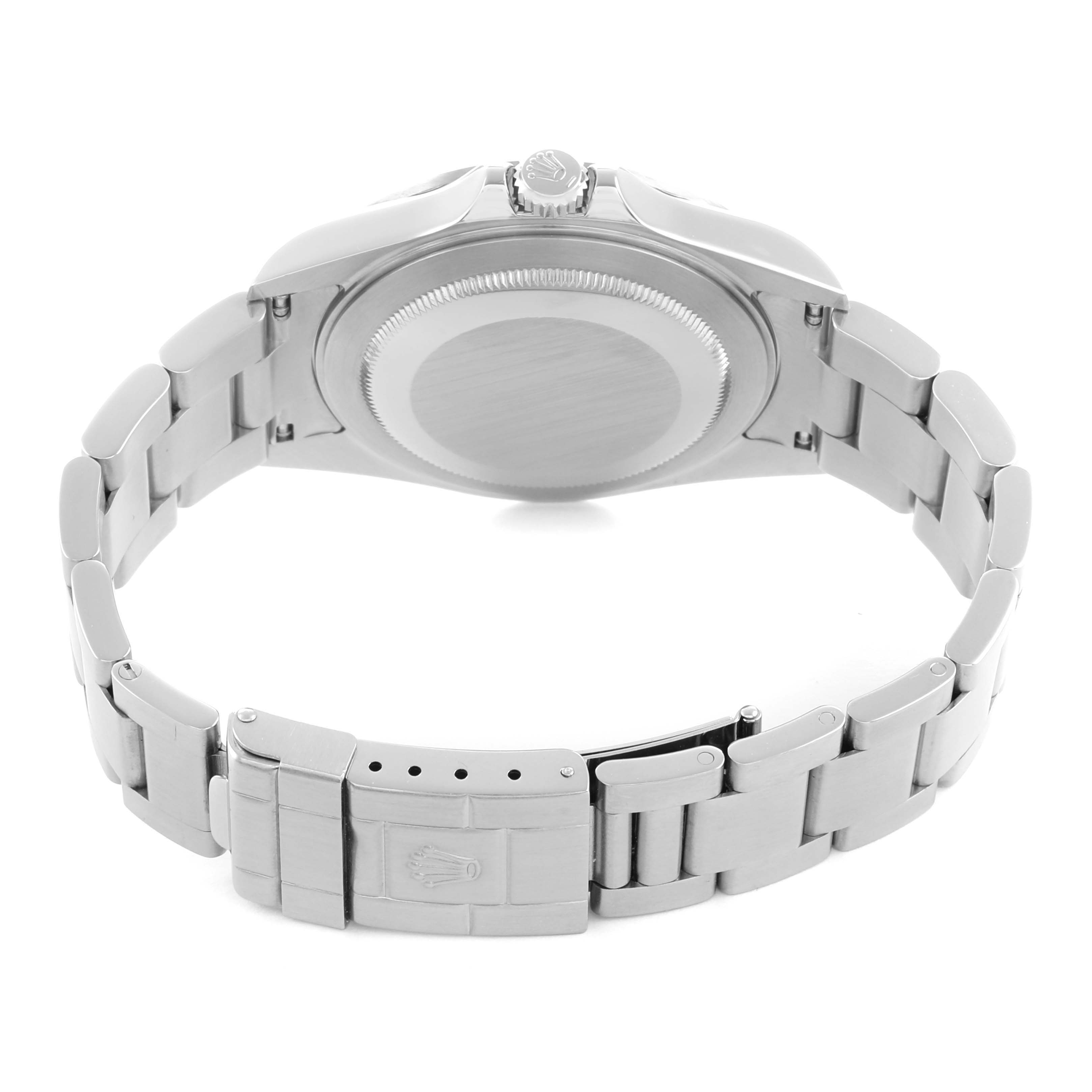 The image shows the back view of a Rolex Explorer 16570 Men's Stainless Steel Black Dial, highlighting the case back, bracelet, and clasp.