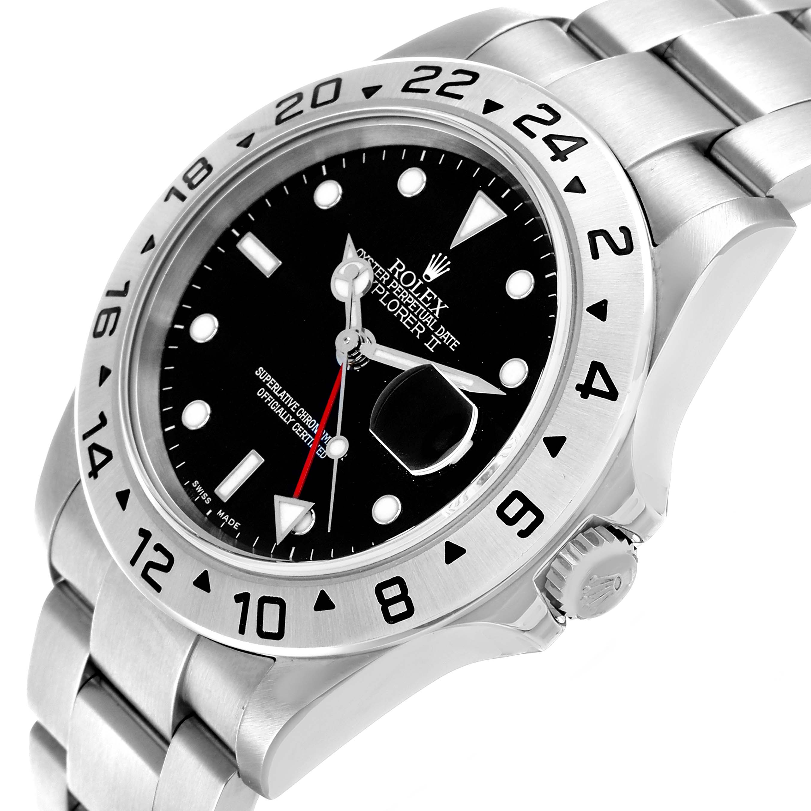 The Rolex Explorer 16570 Men's Stainless Steel Black Dial II watch is shown at a slight angle, displaying the face, bezel, crown, and part of the bracelet.