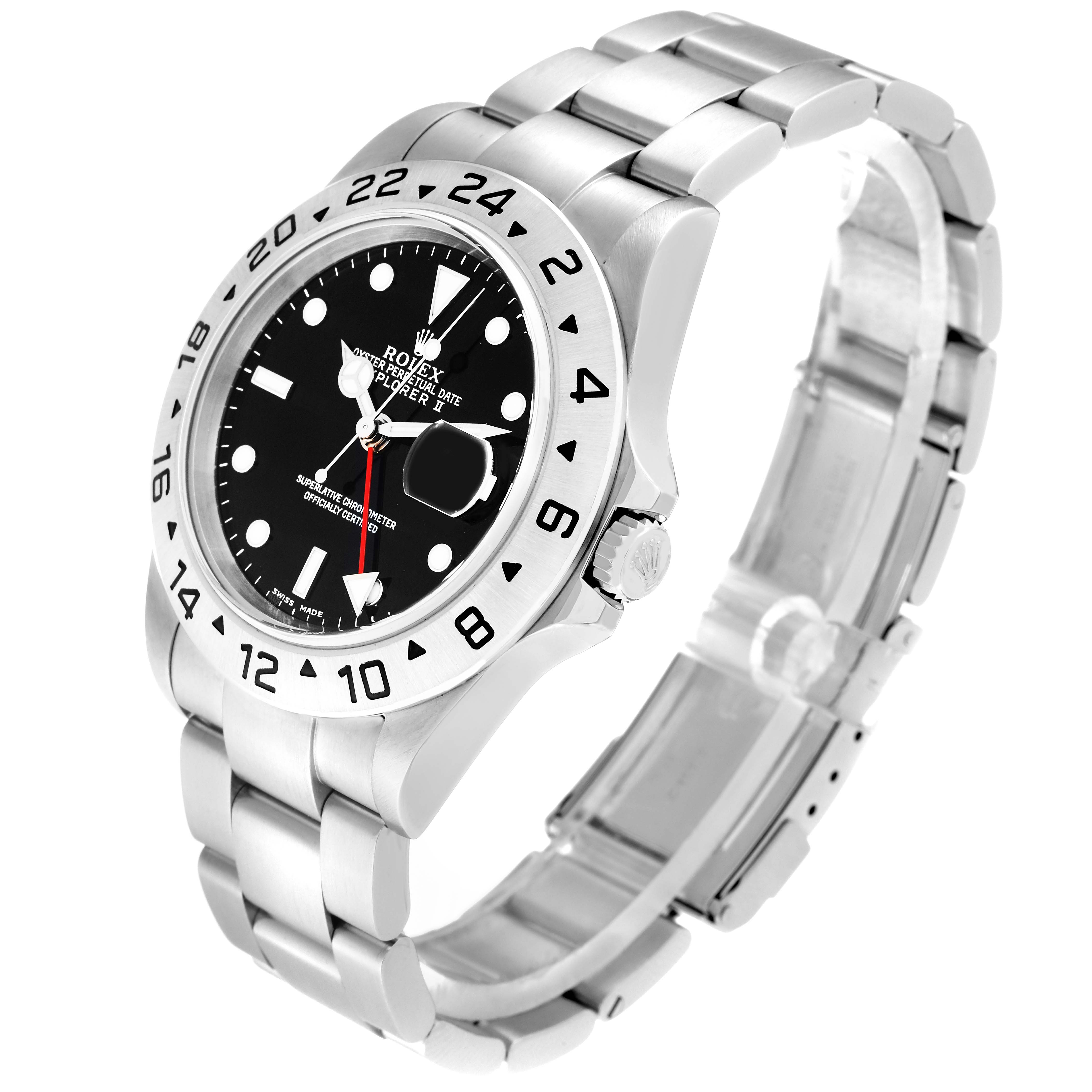 This image shows a side angle of the Rolex Explorer 16570 Men
s Stainless Steel Black Dial 16570 Men
s Stainless Steel Black Dial watch, highlighting its bezel, dial, and stainless steel bracelet.