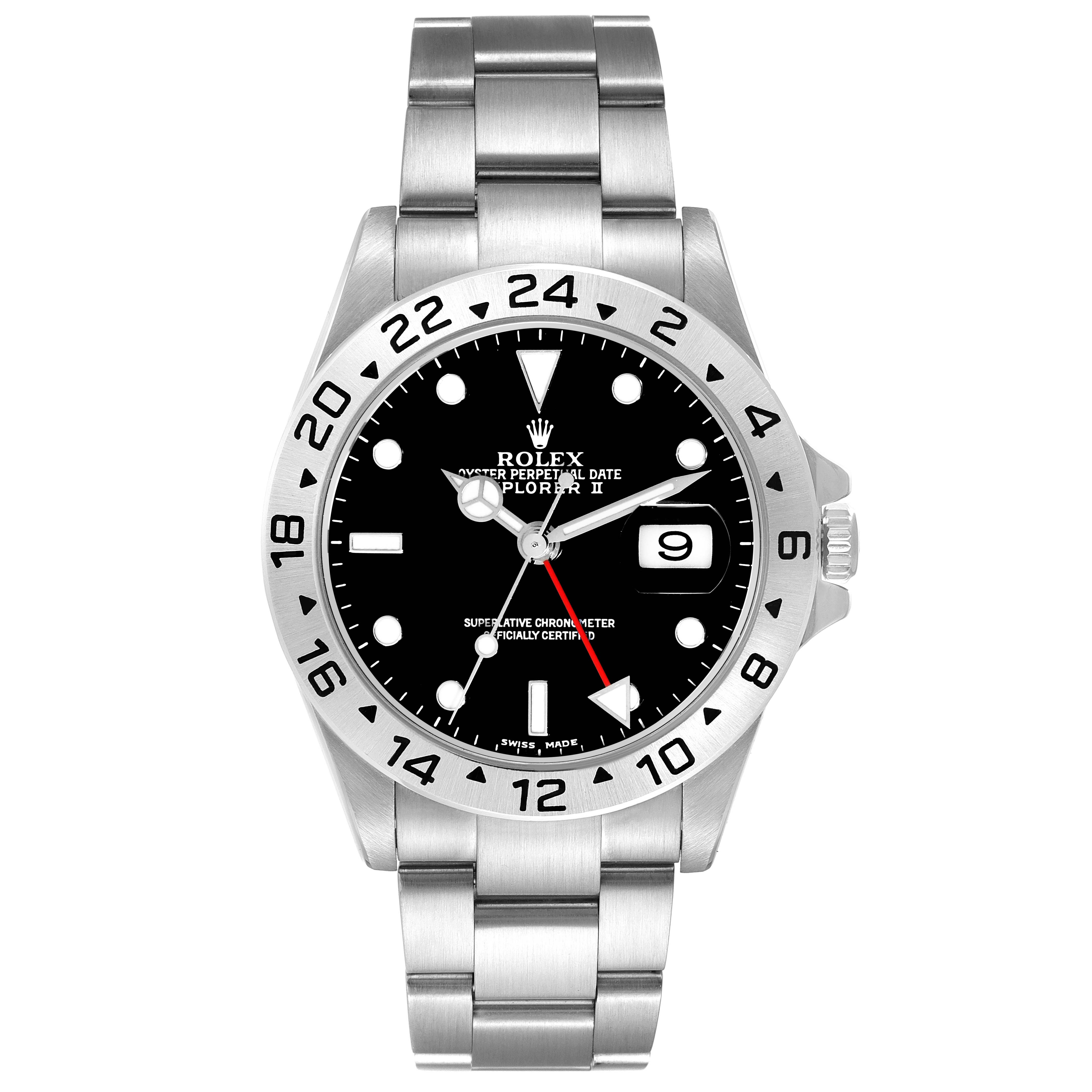The Rolex Explorer 16570 Men
s Stainless Steel Black Dial 16570 Men
s Stainless Steel Black Dial watch is shown from a front angle, displaying its dial, bezel, case, and part of the bracelet.