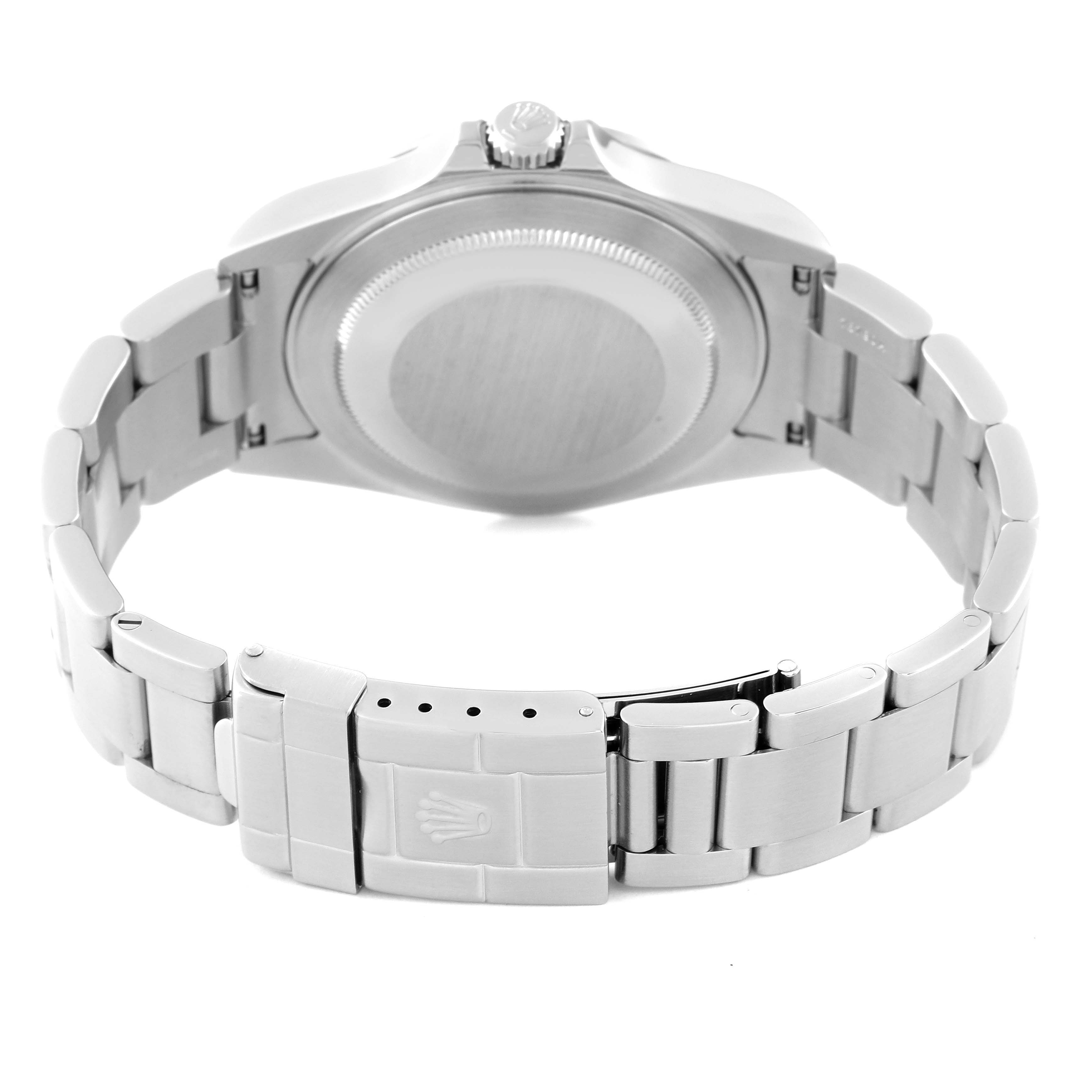 The image shows the back case and bracelet clasp of a Rolex Explorer 16570 Men
s Stainless Steel Black Dial 16570 Men
s Stainless Steel Black Dial watch from a rear angle.