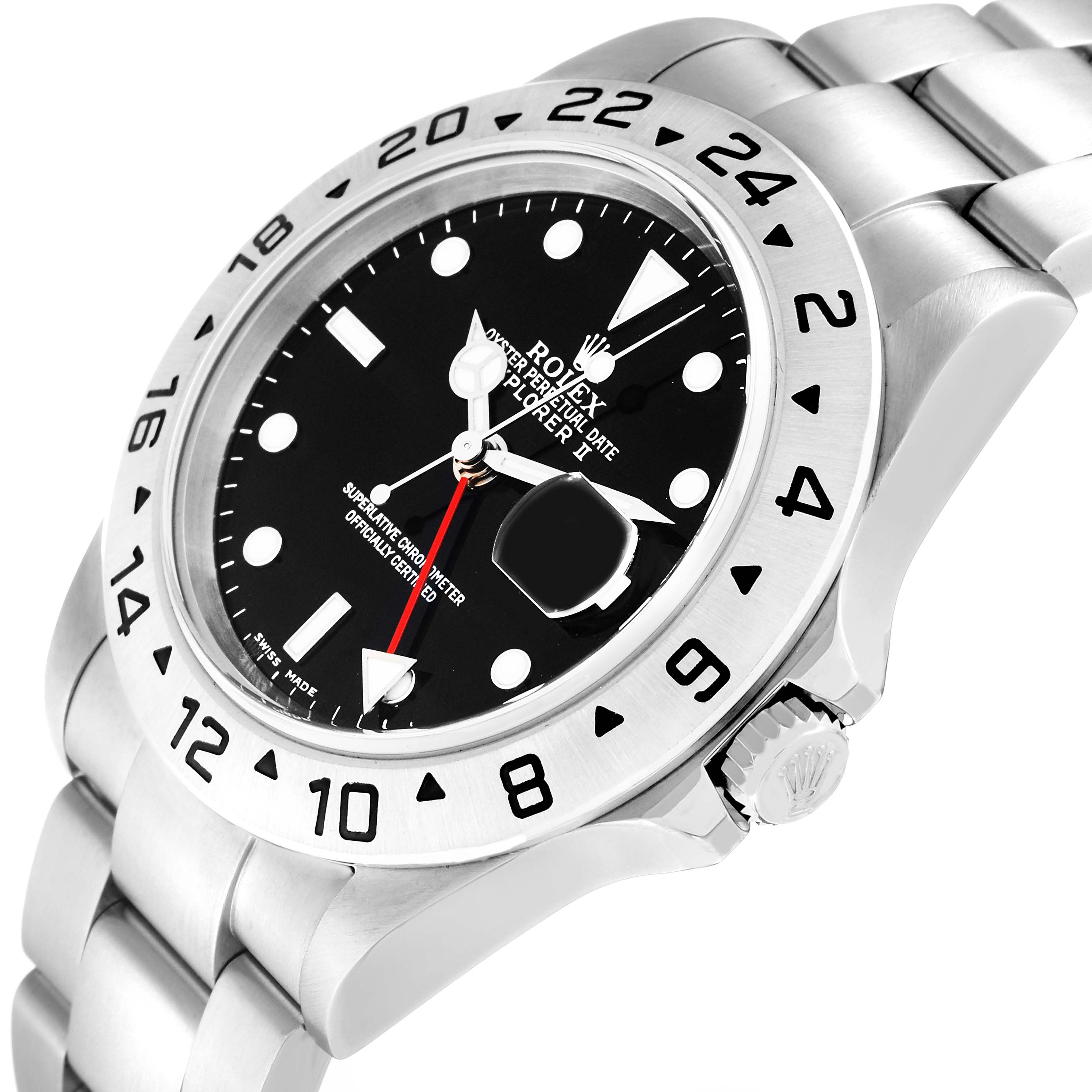 This Rolex Explorer 16570 Men
s Stainless Steel Black Dial 16570 Men
s Stainless Steel Black Dial watch is shown at a three-quarter angle, displaying the dial, bezel, crown, and stainless steel bracelet.