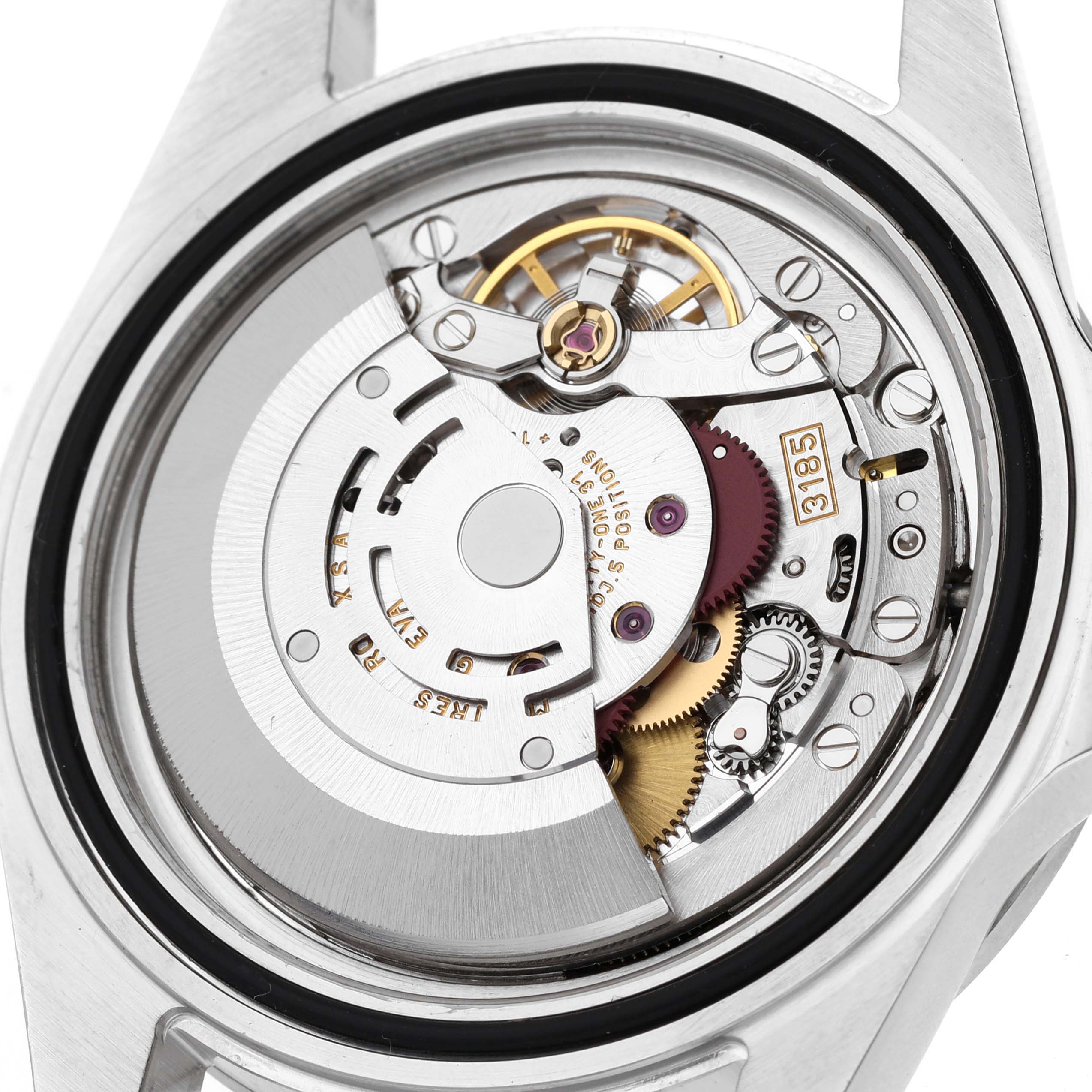 This is an image showing the intricate internal movement parts of a Rolex Explorer 16570 Men
s Stainless Steel Black Dial 16570 Men
s Stainless Steel Black Dial watch from the back angle.