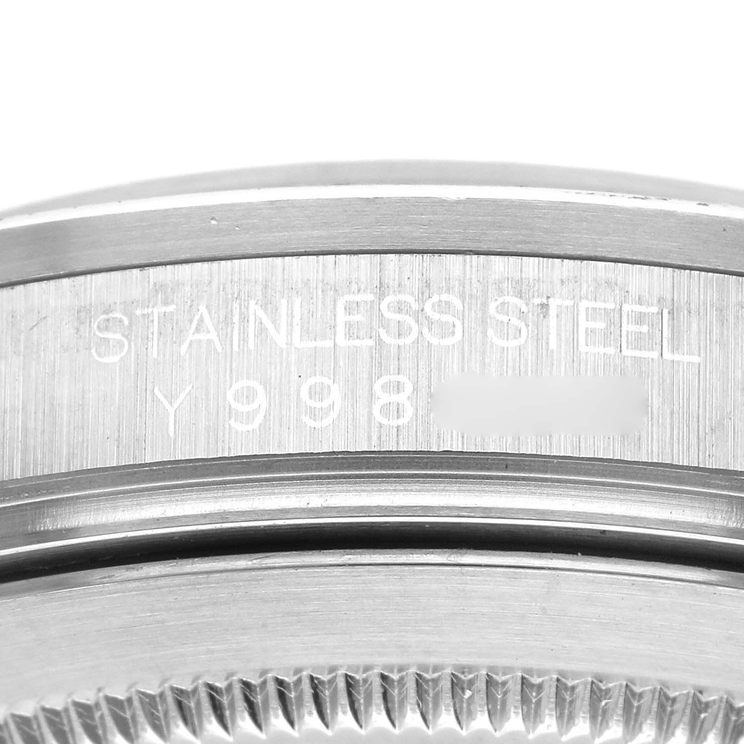 Close-up angle of the case
s side inscription on a stainless steel Rolex Explorer 16570 Men
s Stainless Steel Black Dial 16570 Men
s Stainless Steel Black Dial watch.