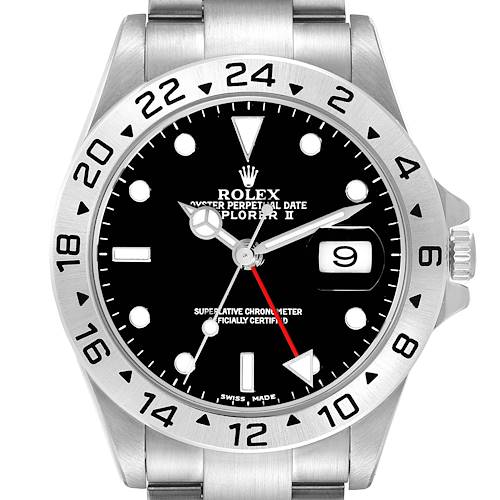 The image shows a front view of the Rolex Explorer II watch, highlighting its dial, bezel, date window, and bracelet.