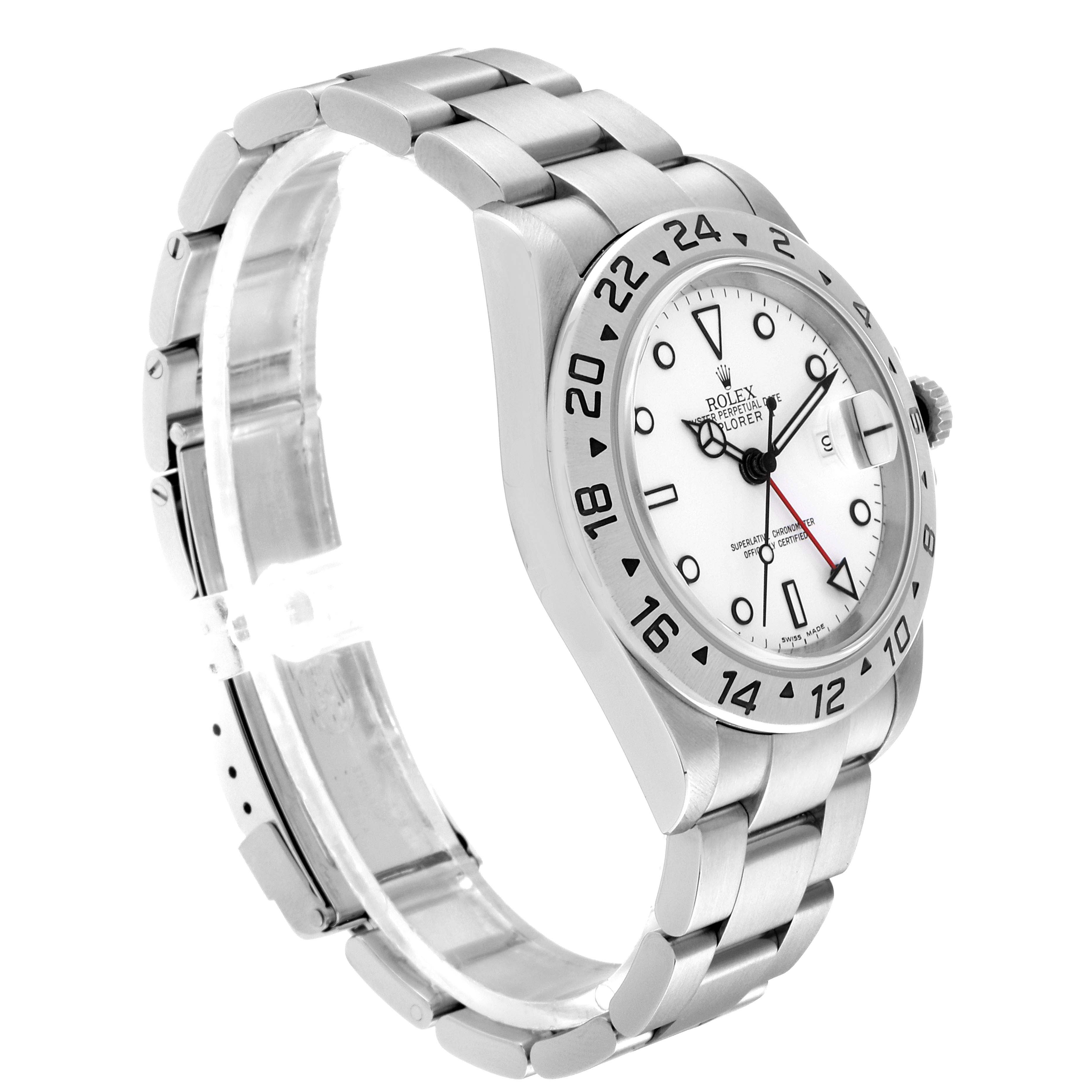 This image shows a side angle of the Rolex Explorer 16570 Men's Stainless Steel White Dial 16570 Men's Stainless Steel White Dial watch, highlighting the bracelet, bezel, and dial.