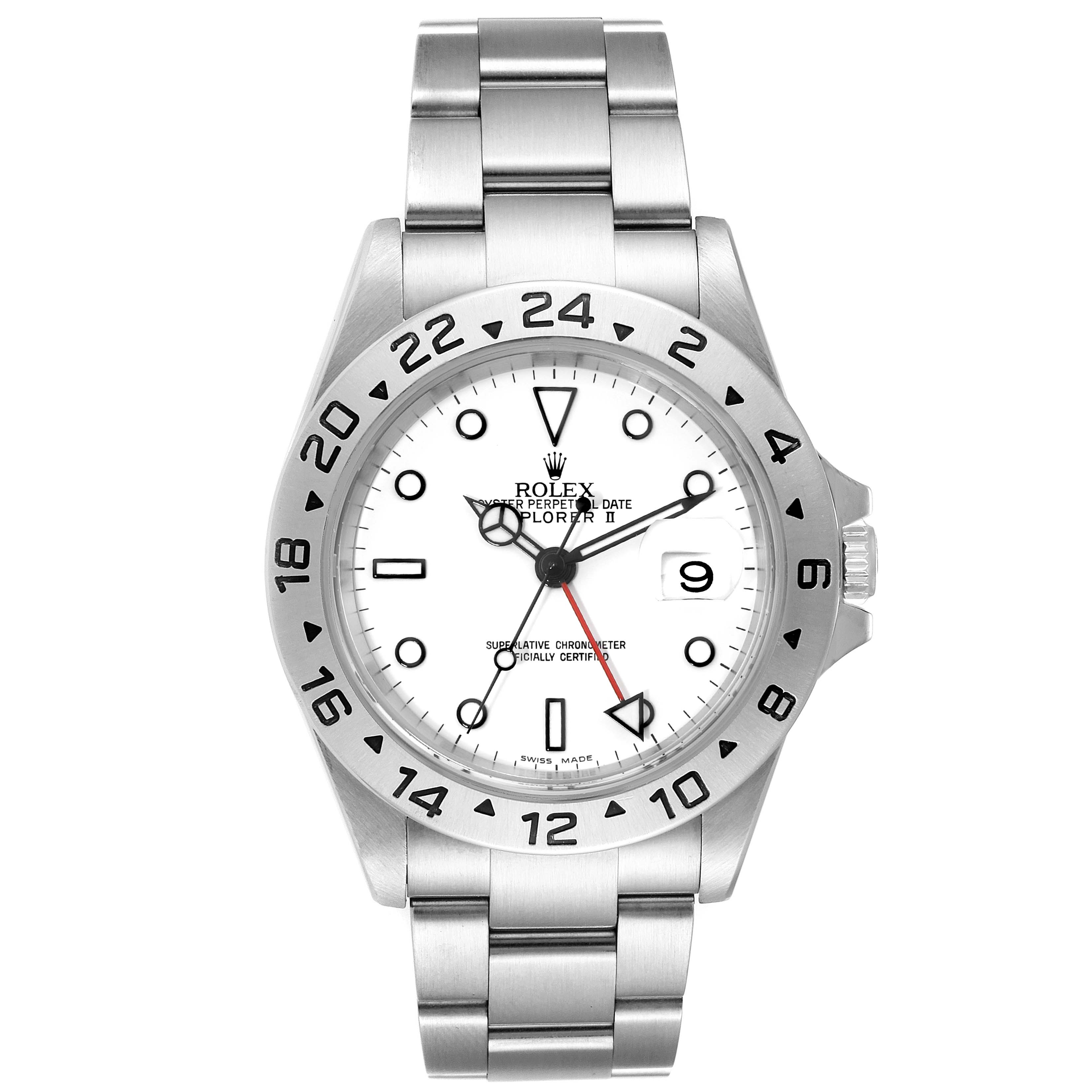 The image shows a front view of the Rolex Explorer 16570 Men's Stainless Steel White Dial 16570 Men's Stainless Steel White Dial watch, displaying its white dial, bezel, and stainless steel bracelet.